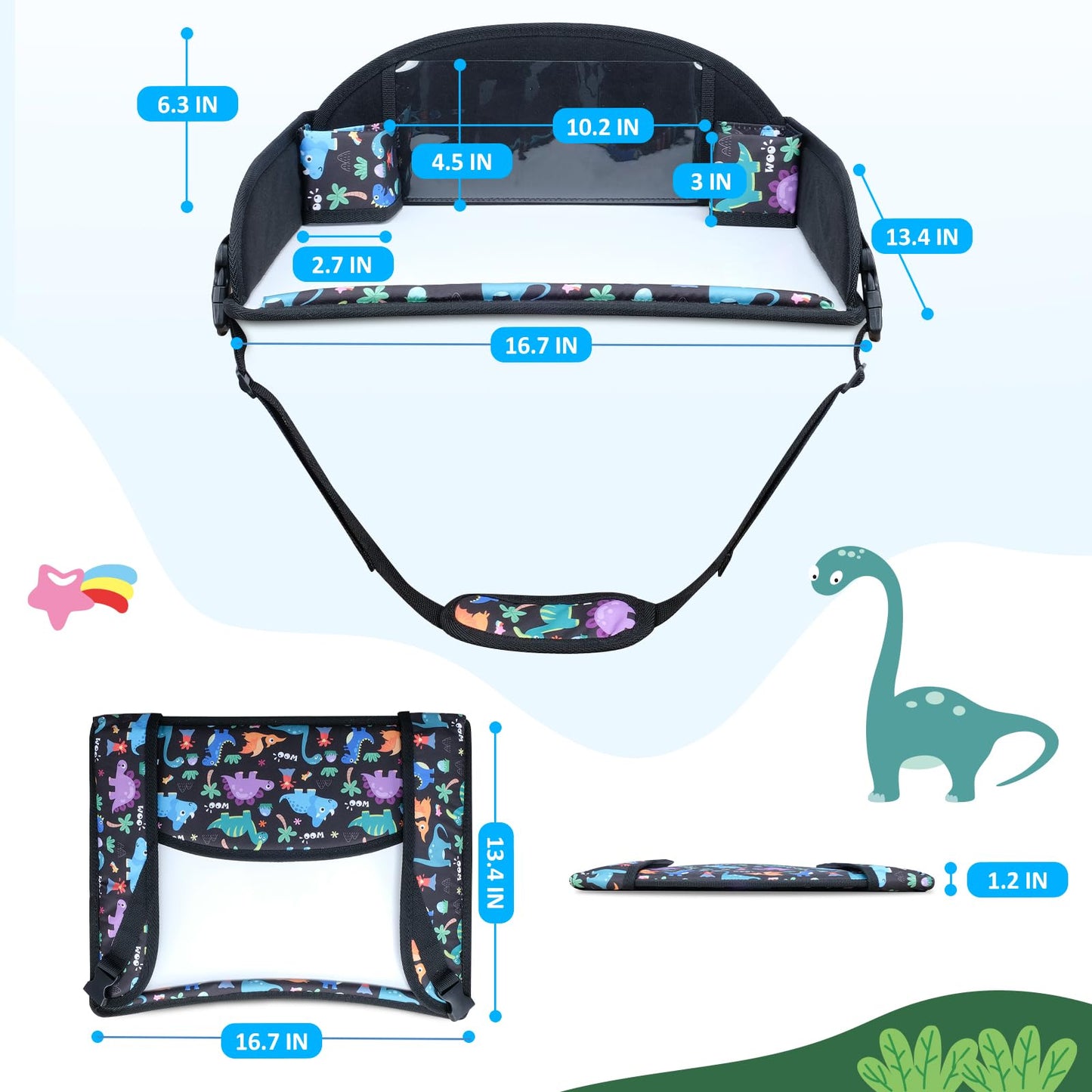 AZAMIA 2Pcs Kids Travel Tray for Toddler Carseat, Road Trip Activities Essentials for Toddler, Kids Lap Desk Tray with Tablet Holder Stand & Dry Erase Board (Dinosaur-2Pcs)