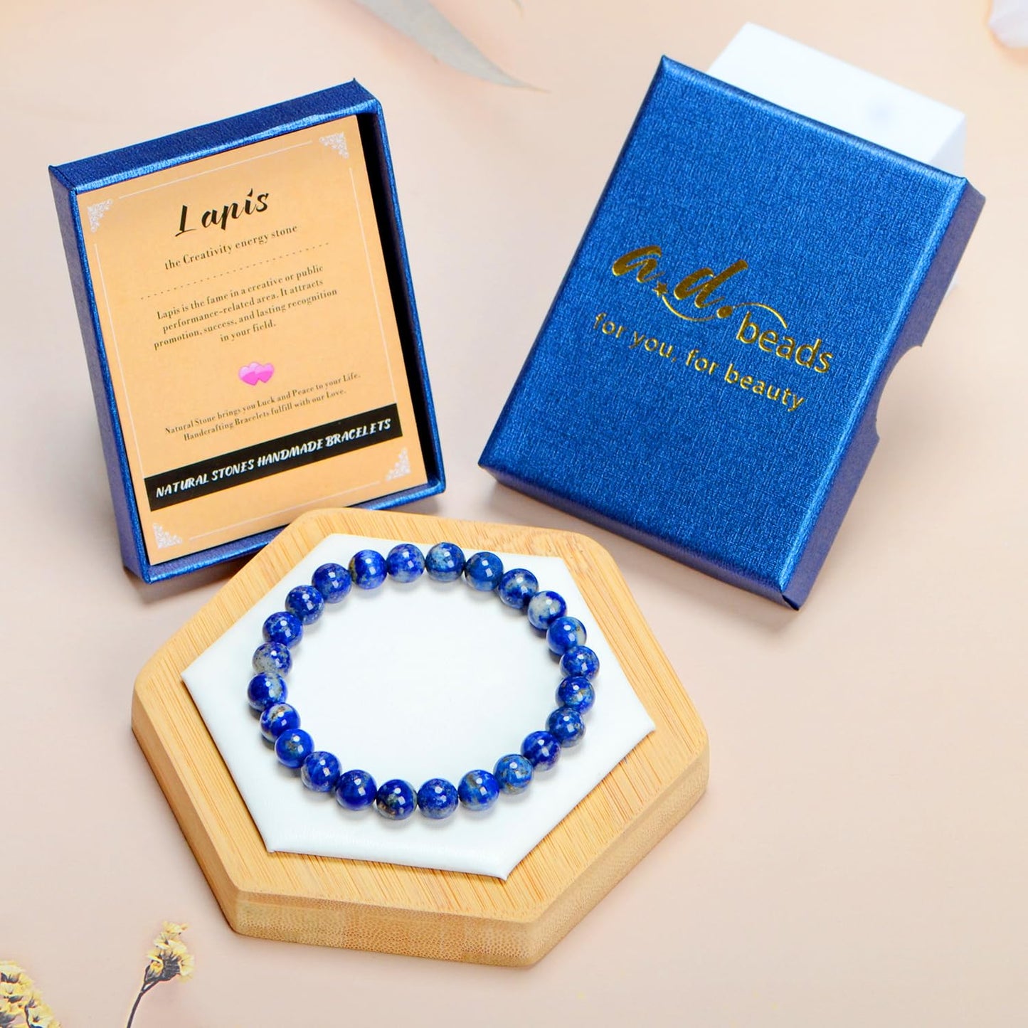 AD Beads Handmade Gemstone Stretch Elastic Bracelet Crystal Healing Reiki Nature's Beauty and Spiritual Essence Unisex (4mm, Lapis Lazuli)