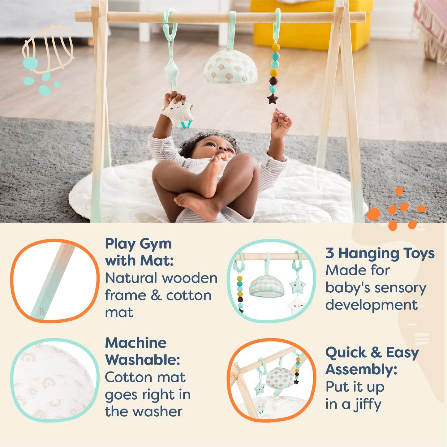 B. toys – Wooden Baby Play Gym – Activity Mat – Starry Sky – 3 Hanging Sensory Toys – Natural Wood – Babies, Infants