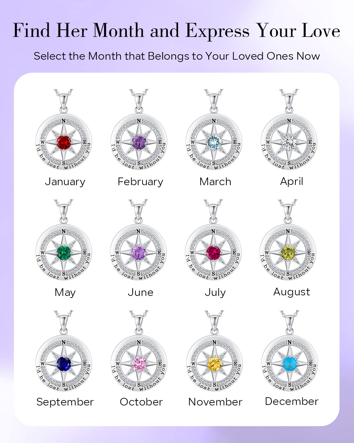 S925 Sterling Silver Necklace for Wife, Women Anniversary Year Gifts Compass Jewelry, Birthday Gift Ideas for Her Girlfriend, Wedding Present, 18K White Gold February