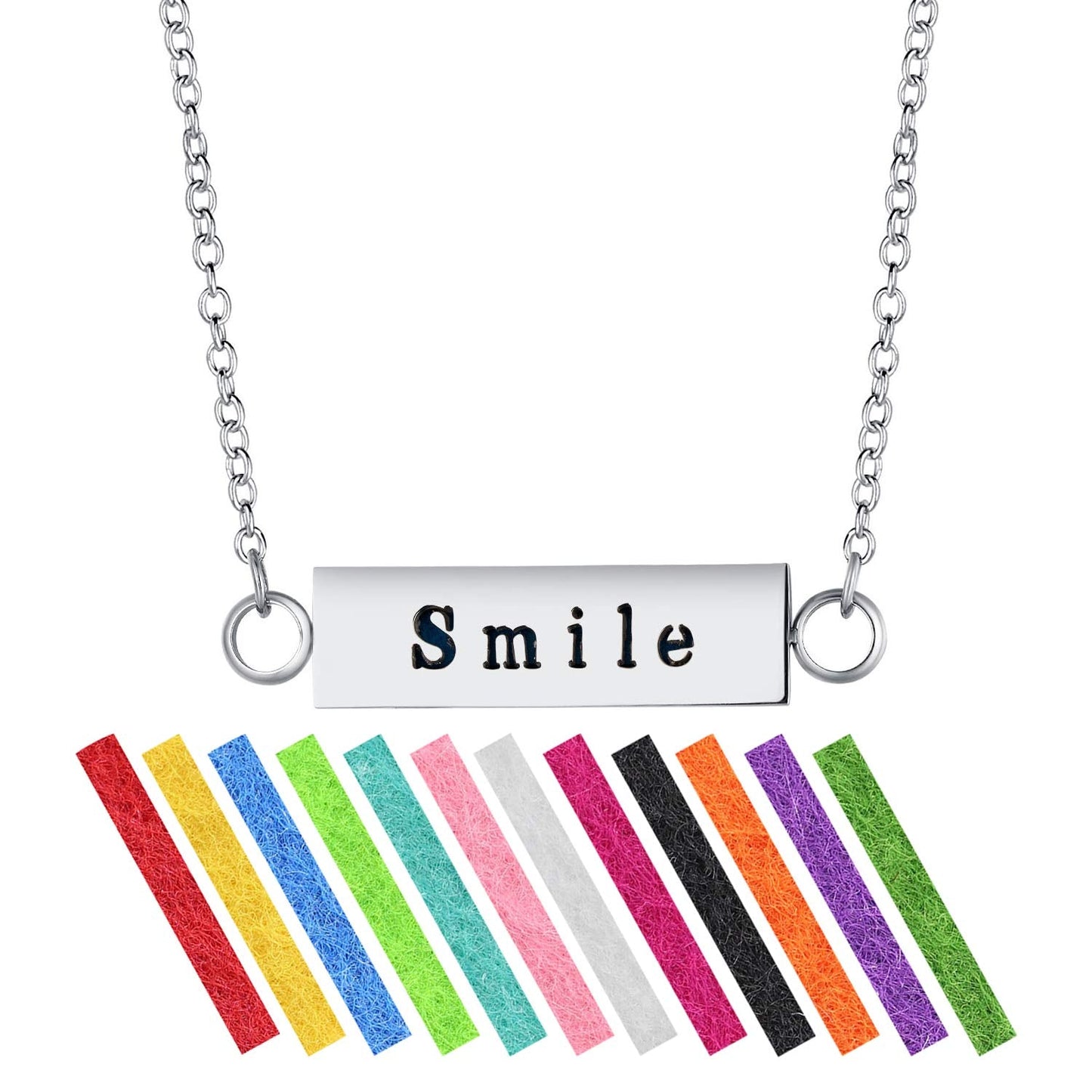 Wild Essentials "Smile" Essential Oil Diffuser Bar Necklace Gift Set - Includes Aromatherapy Pendant, 24" Stainless Steel Chain, 12 Color Refill Pads