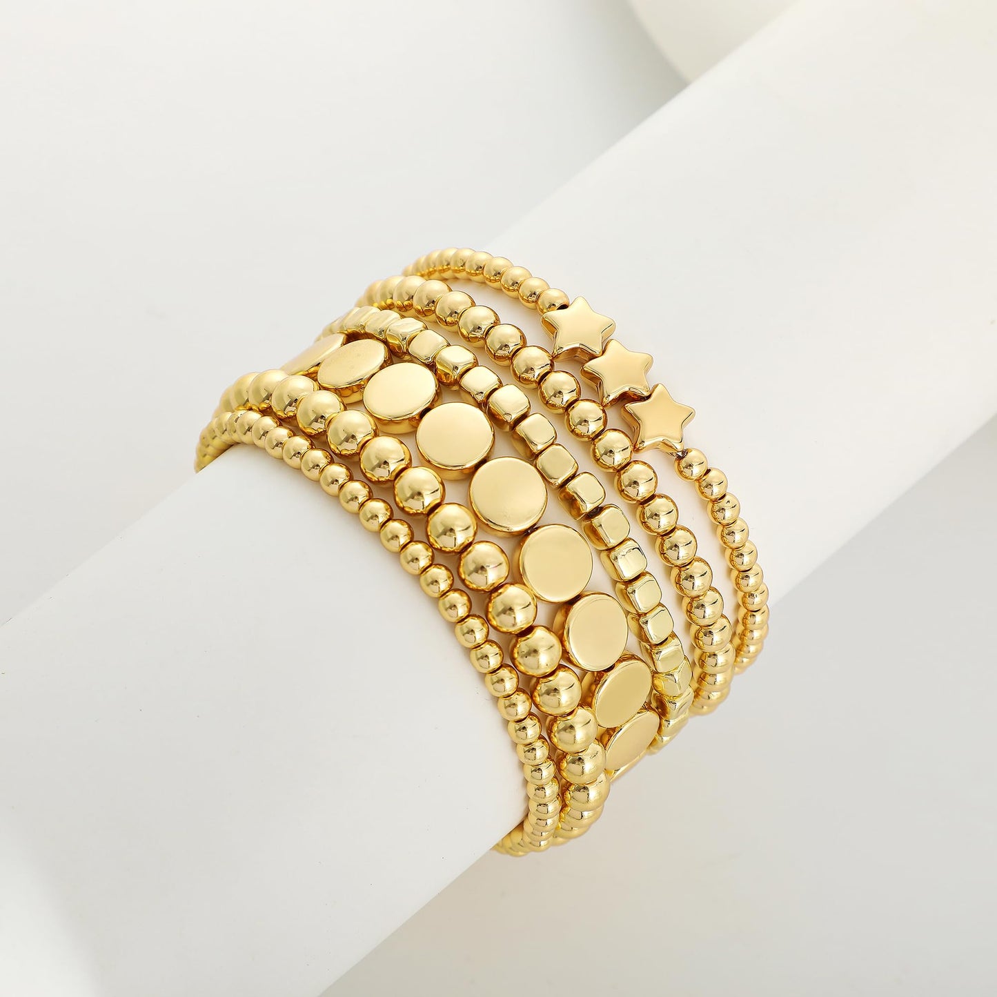 Sajidos Gold Plated Beaded Bracelets for Women Trendy, 14K Gold Plated Stack Cross Pearl Gold Plated Bead Stretch Bracelets Set Elastic Hypoallergenic Bracelets Jewelry Gifts (style12-3 6pcs)