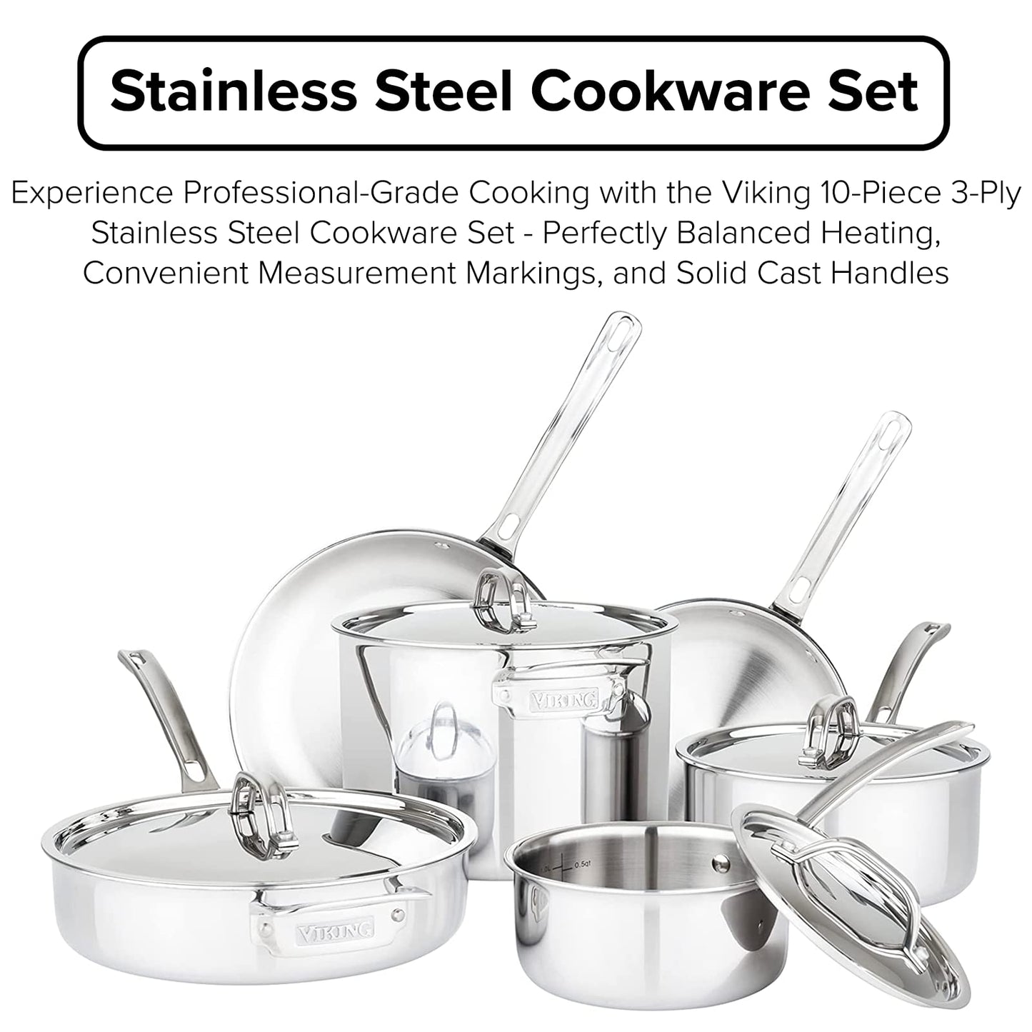 Viking Culinary 3-Ply Stainless Steel Cookware Set with Metal Lids, 10 Piece, Dishwasher, Oven Safe, Works on All Cooktops including Induction,Silver