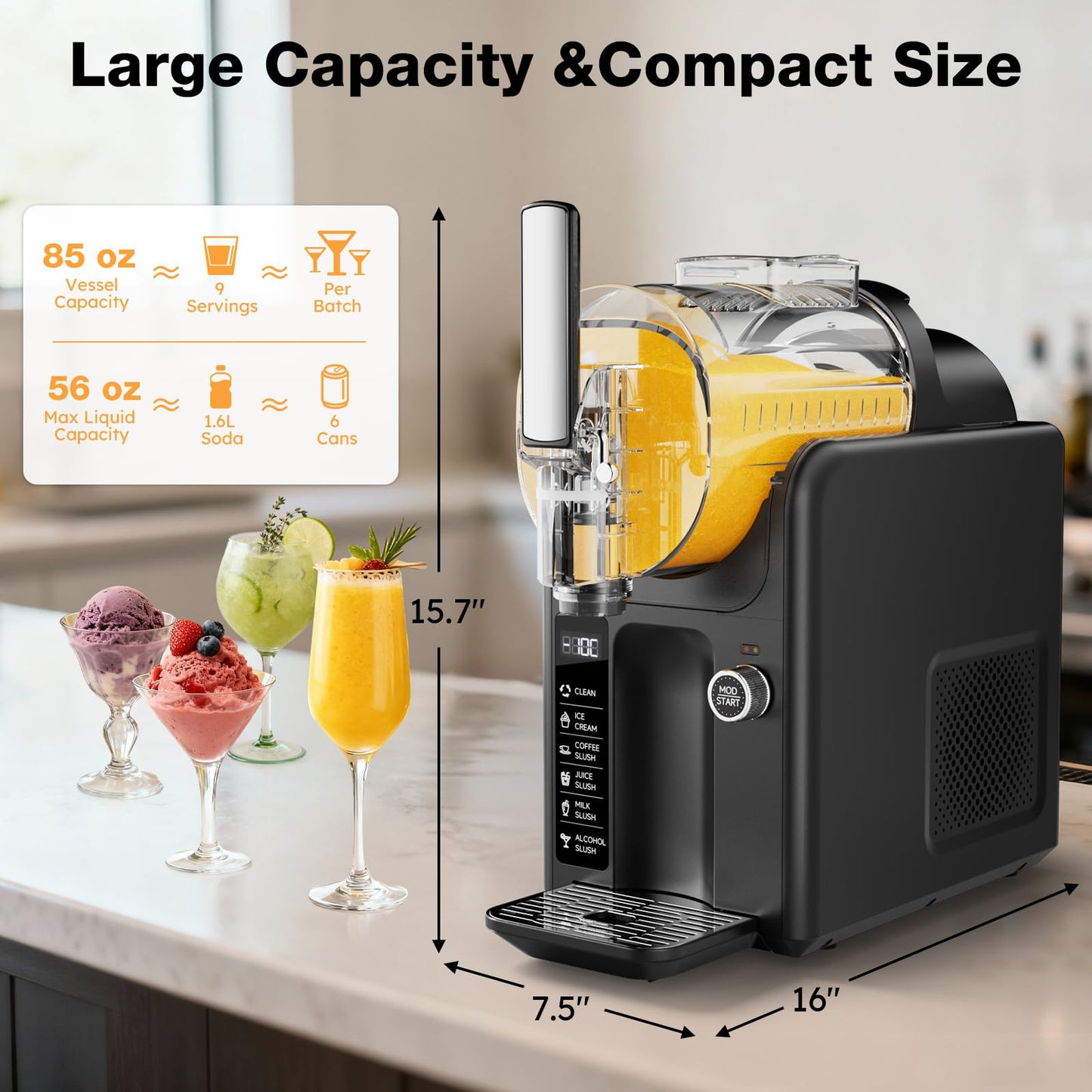 Slushie Machine for Home, 85oz Slushy and Ice Cream Maker No Ice Needed, Frozen Drink Maker with 5 Presets, Quiet, Auto-Clean, LED Display, Slushy Machine for Margaritas,Milkshakes,Frappés and More