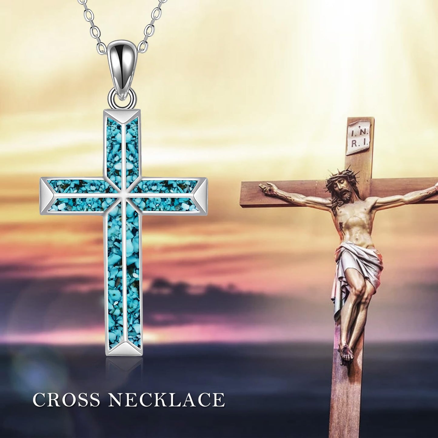 ONEFINITY Religious Cross Pendant Necklace Sterling Silver Origami Cross Pendant Gifts for Women Men Jewelry (B-Turquoise)