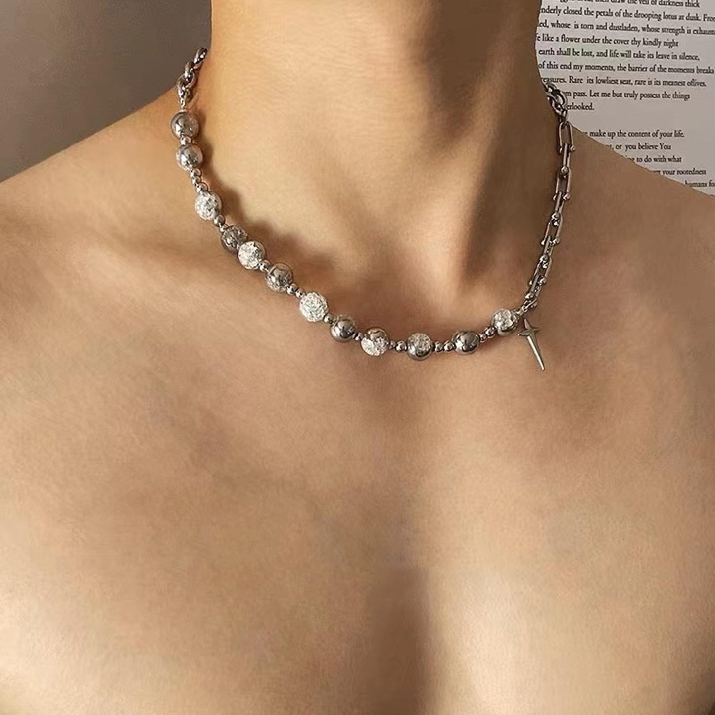 Buyongwant Y2k Irregular Necklace for Women Fashion Cracked Beads Star Pendant Spliced Titanium Steel Chain Ladies Men's