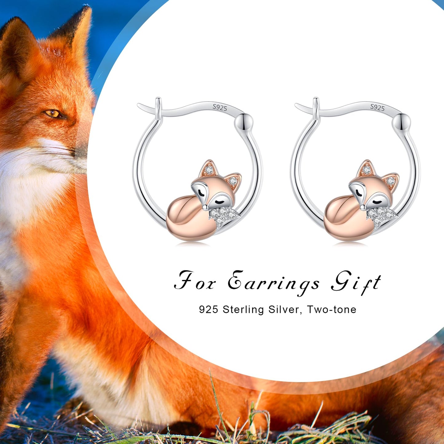 JUSTKIDSTOY Fox Earrings 925 Sterling Silver Cute Animal Hoop Earrings for Sensitive Ears Lucky Jewelry Fox Gifts for Women