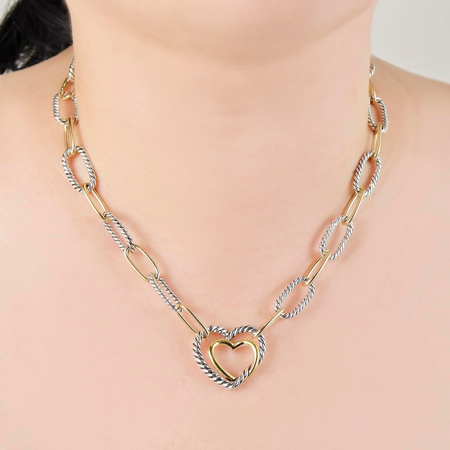 UNY JEWEL Twisted Cable Wire Link Chain Necklace Two Tone Designer Brand Inspired Look Alike Heart Twisted Women Jewelry Valentine Christmas Gift