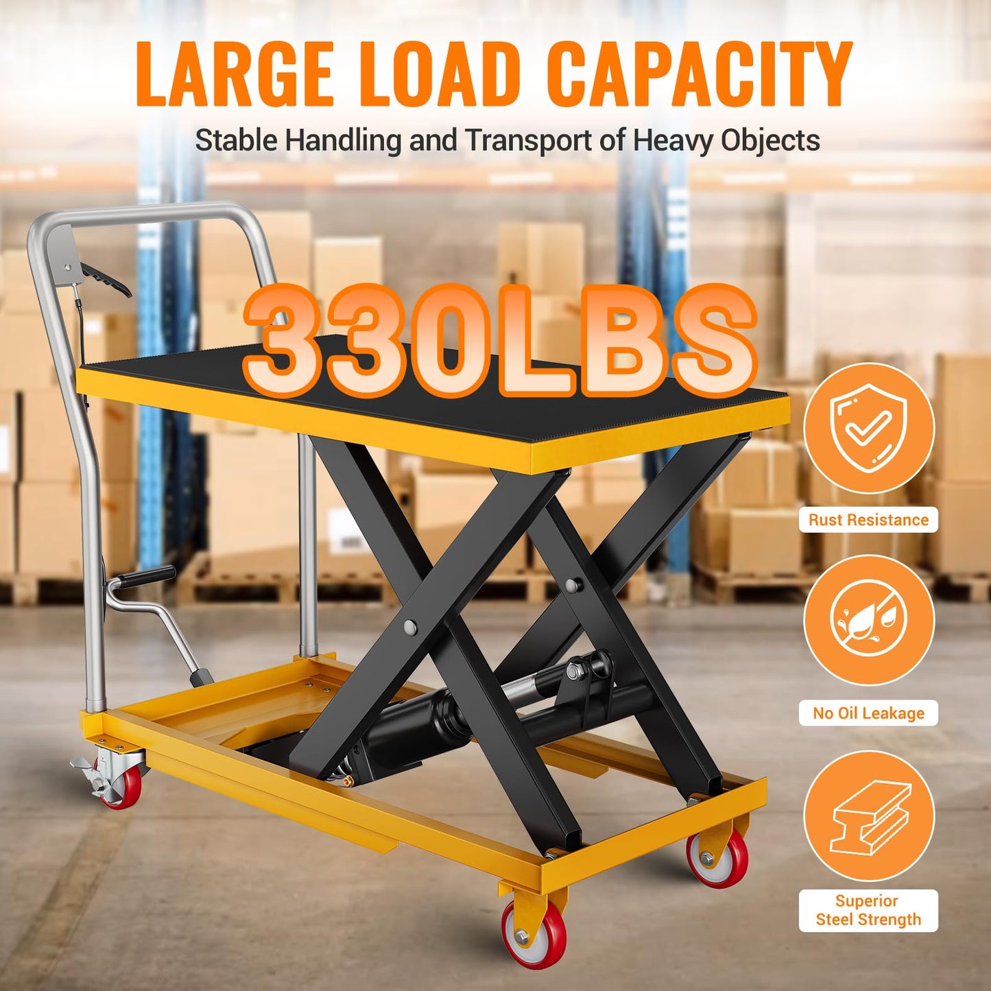 GarveeTech Hydraulic Lift Table Cart, 330lbs Capacity 28.5" Lifting Height, Manual Single Scissor Lift Table with Locking Wheels and Non-Slip Pad, Hydraulic Scissor Cart for Material Handling,Yellow