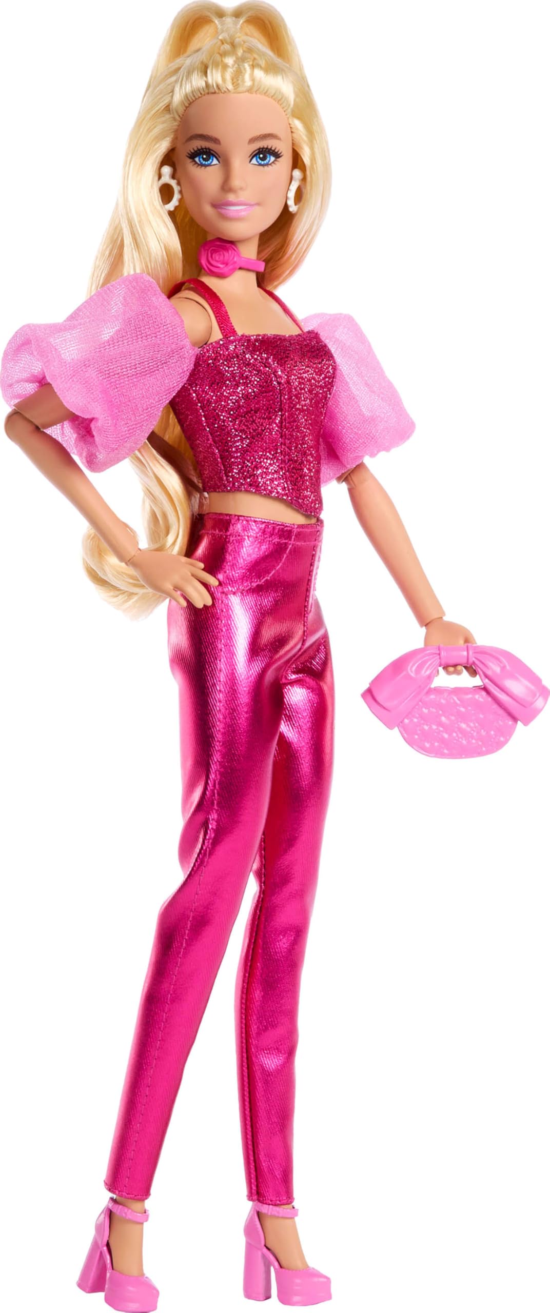 Barbie Deluxe Style Doll #5 in Metallic Pink Outfit, Blonde Hair, Sparkly Corset Top and Shiny Pants with Accessories Like Rose Necklace and Handbag