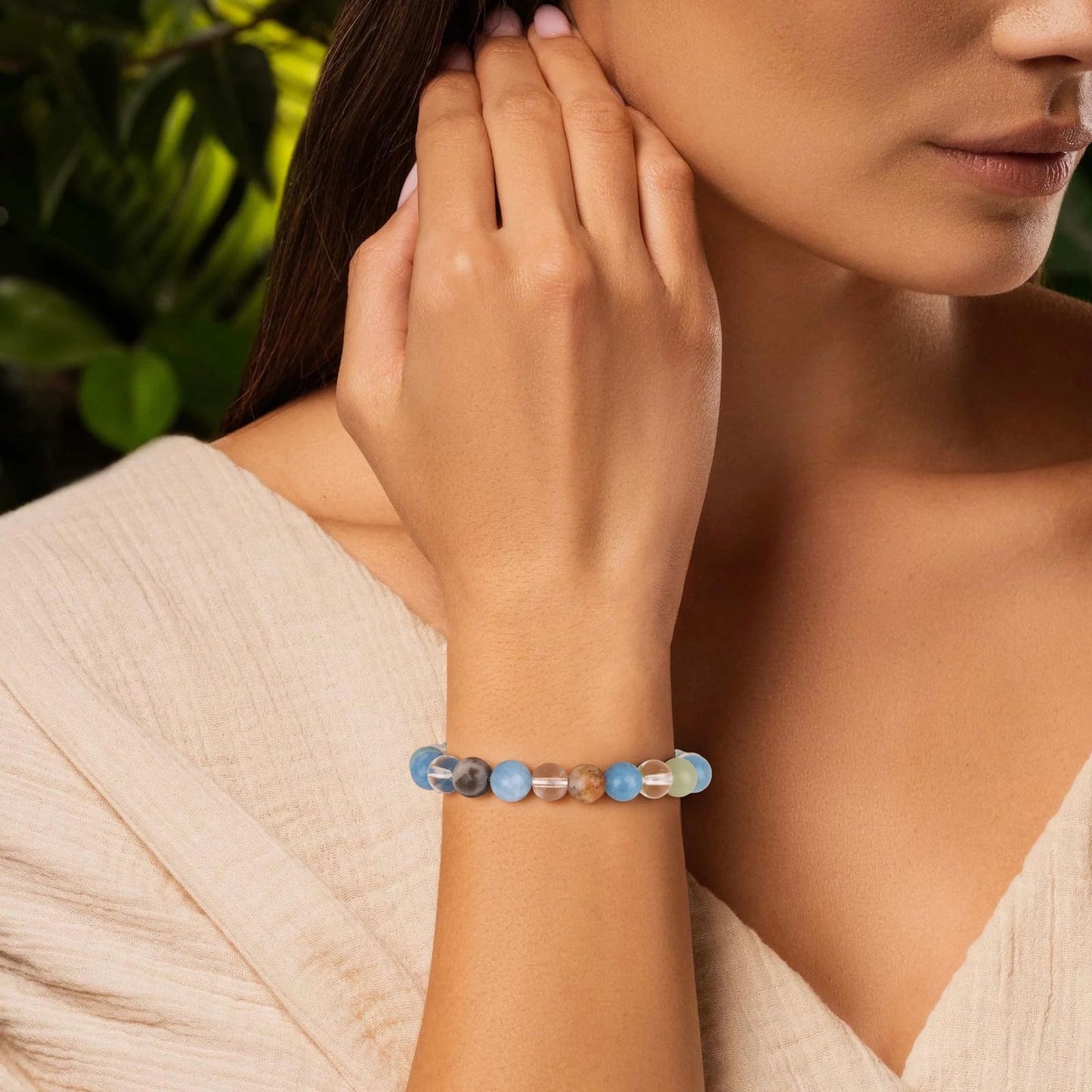Bolinailo Healing Crystal Calming Bracelet 8mm Crystal Beaded Bracelet for Women Men Natural Stones of Angelite, Amazonite and Clear Quartz Handmade Gemstone Reiki Spiritual Jewelry Gifts