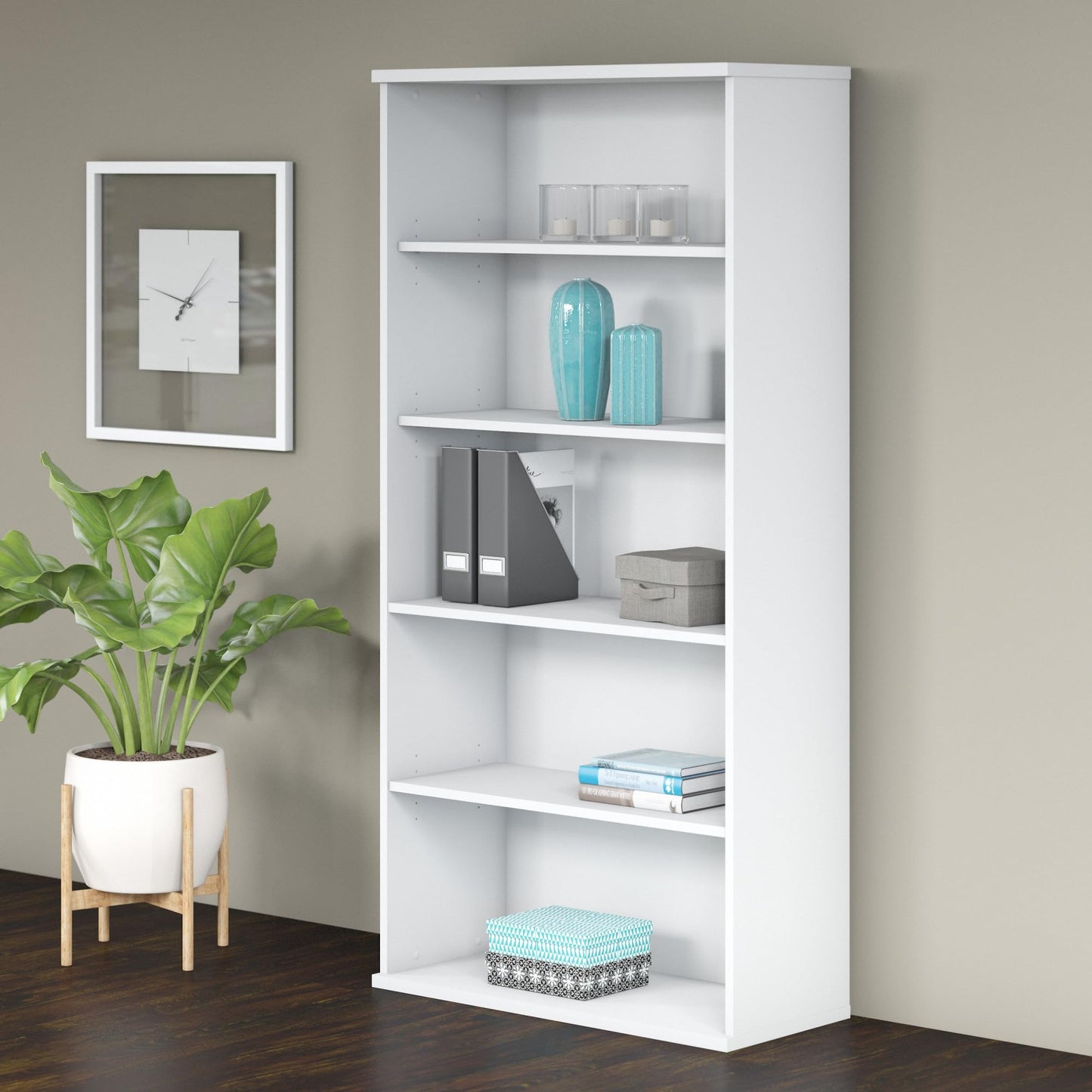 Bush Furniture Studio C Tall 5 Shelf Bookcase in White, Large Bookshelf for Home or Professional Office