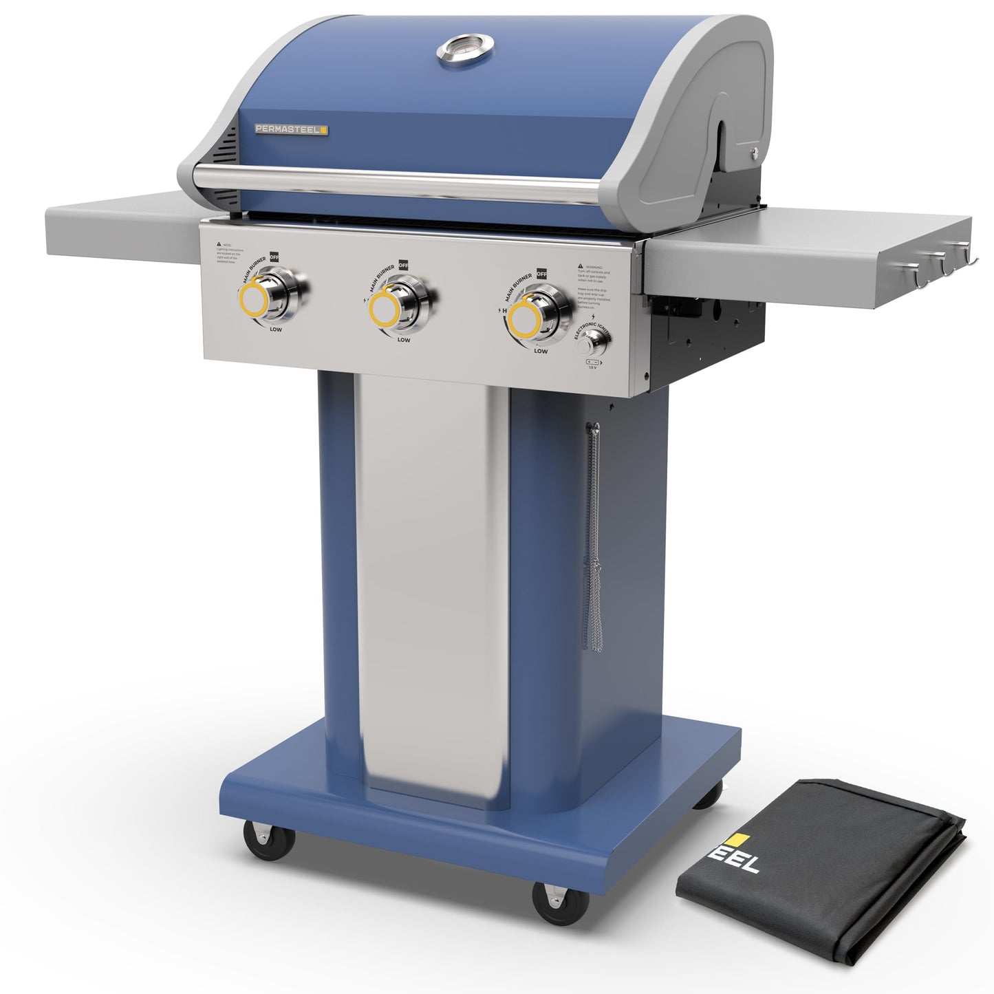 Permasteel 3-Burner Propane Gas Grill, 30,000 BTUs BBQ Grill with Cast Iron Grates, Foldable Side Tables & Tool Hooks, Outdoor Grill, Azure + Bonus Cover