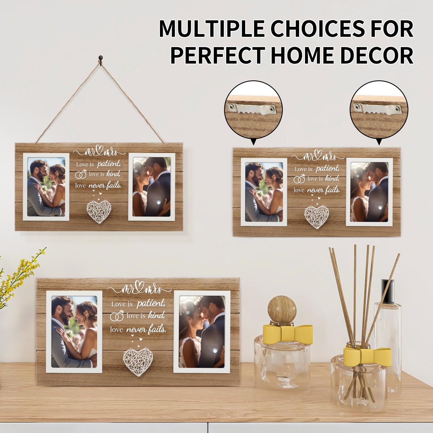SOUHONEY Wedding Gifts for Couples 2026, Bridal Shower Gifts for Bride to Be, Wedding Picture Frame for Couple - Double 4x6 Pictures Frame - Wooden Couples Newlyweds Picture Frame with Heart Mr& Mrs