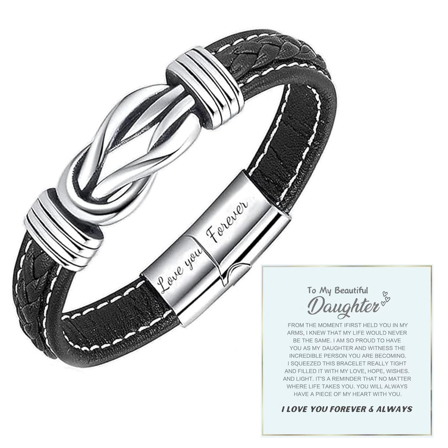 To My Daughter Love You Forever Bracelet, Mother and Daughter Forever Linked Together Braided Leather Bracelet, Inspirational Wristband for Women Infinity Knot Engraved Bangle Gift from Mom