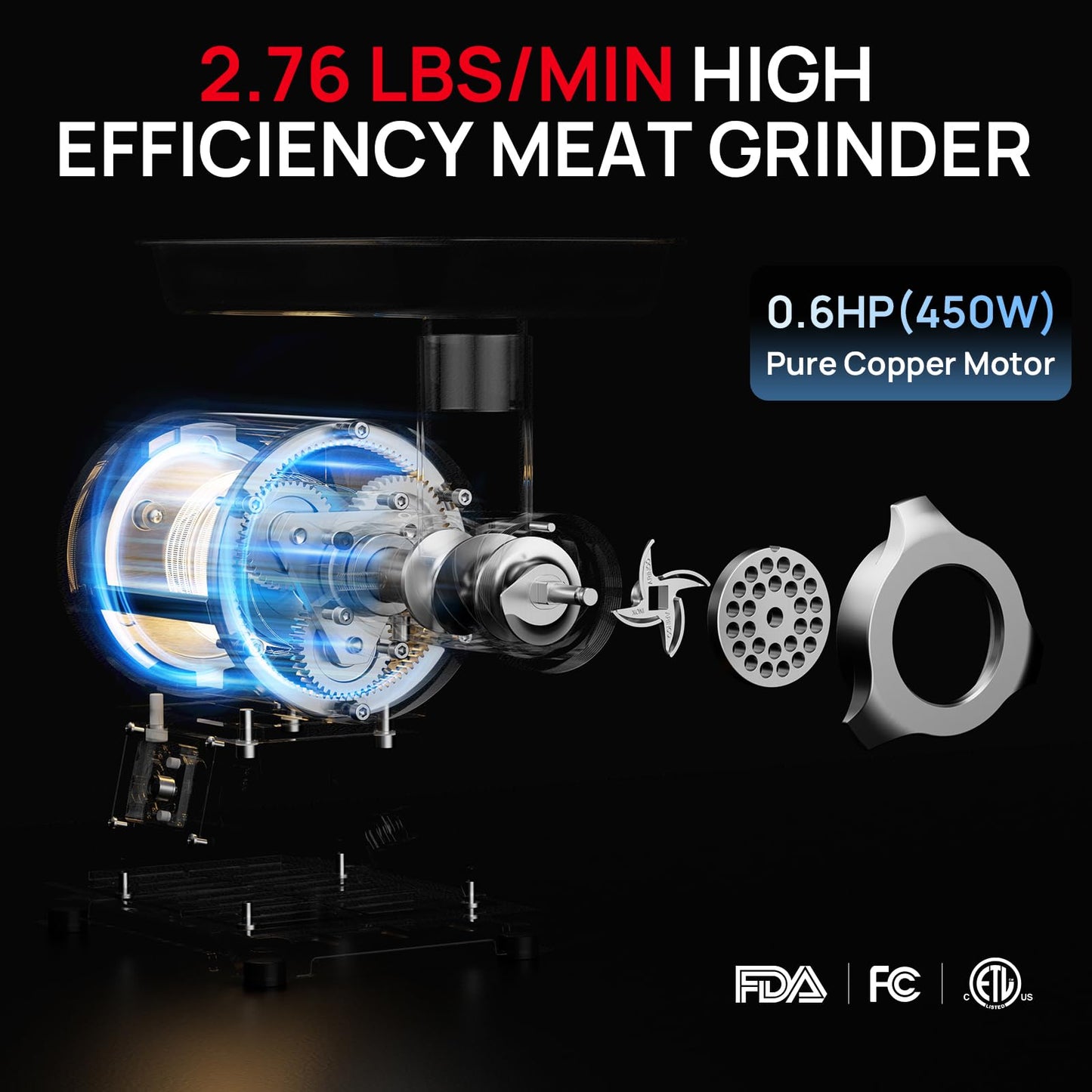 ARINOO Commercial Meat Grinder #8C, 0.6HP Heavy Duty Stainless Steel Industrial Meat Mincer w/2 Blades & Meat Pusher,Electric Meat Grinders for large batches home butchering, or small farm processing
