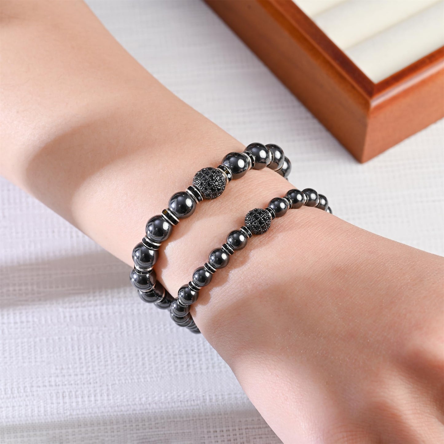 Apocalyptic-K Women's Magnetic Bracelet,Hematite Bracelets,Magnetic Bracelets With Zirconia,Handmade Stretch Bracelet,Eliminates static electricity. (8MM Black &10MM Zirconia)