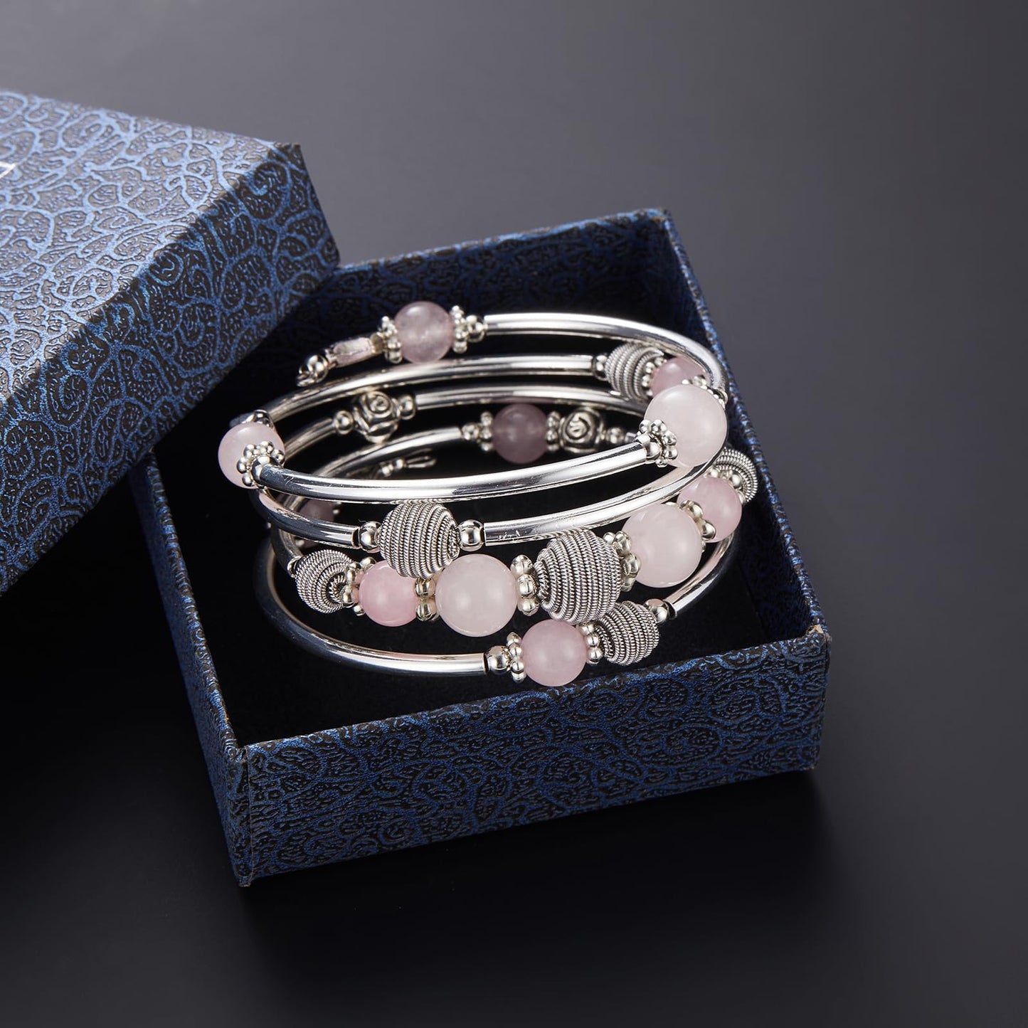 PEARL&CLUB Beaded Chakra Bangle Turquoise Bracelet - Fashion Jewelry Wrap Bracelet with Thick Silver Metal and Mala Beads, Birthday Gifts For Women(Pink crystal)