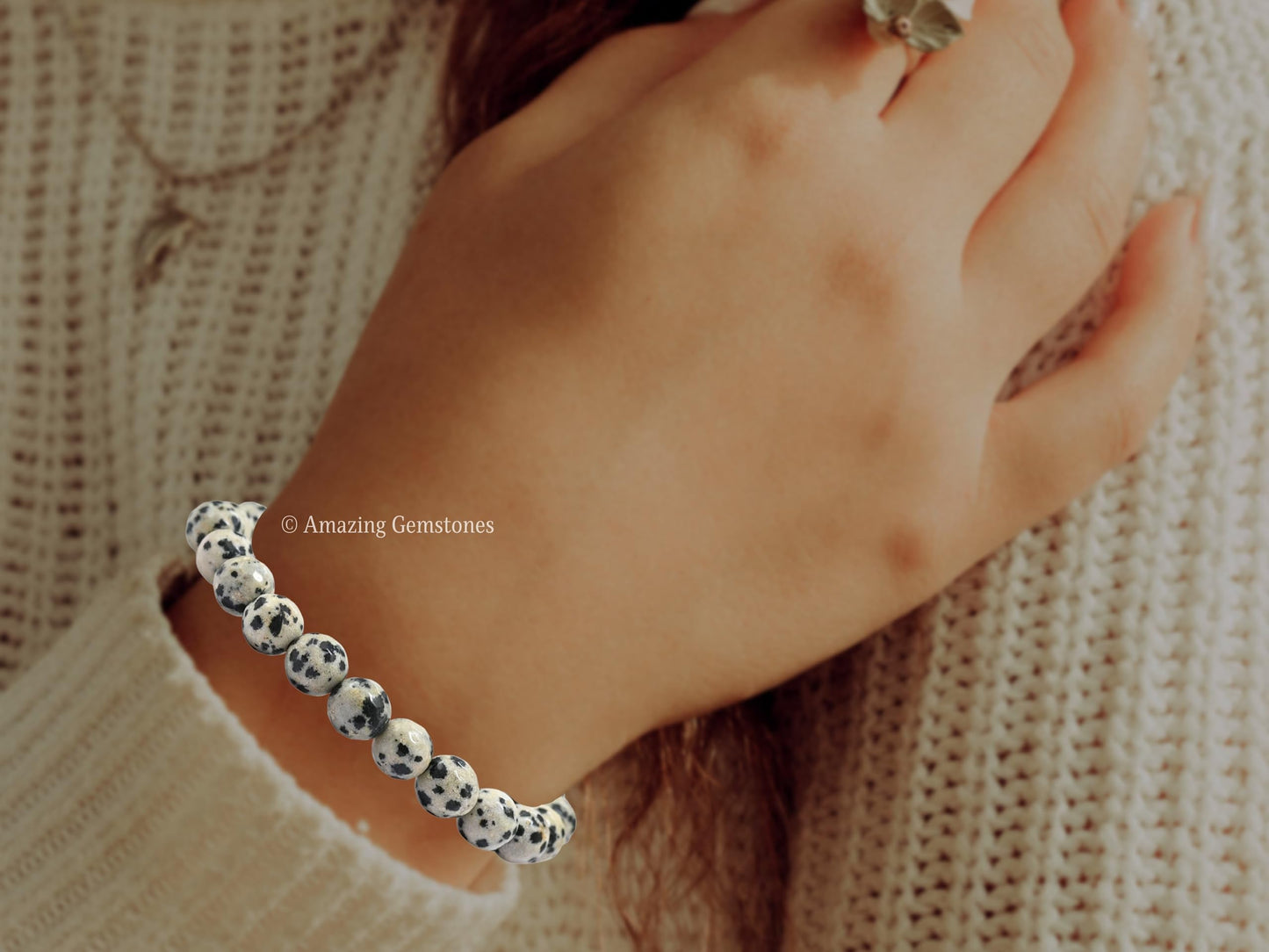 Amazing Gemstone Dalmatian Jasper Bracelet for Women - Chakra Mens Bracelet Protection Crystals and Healing Stones, Blessing Spiritual Meditation Stocking Stuffers (Faceted Beaded Bracelet)