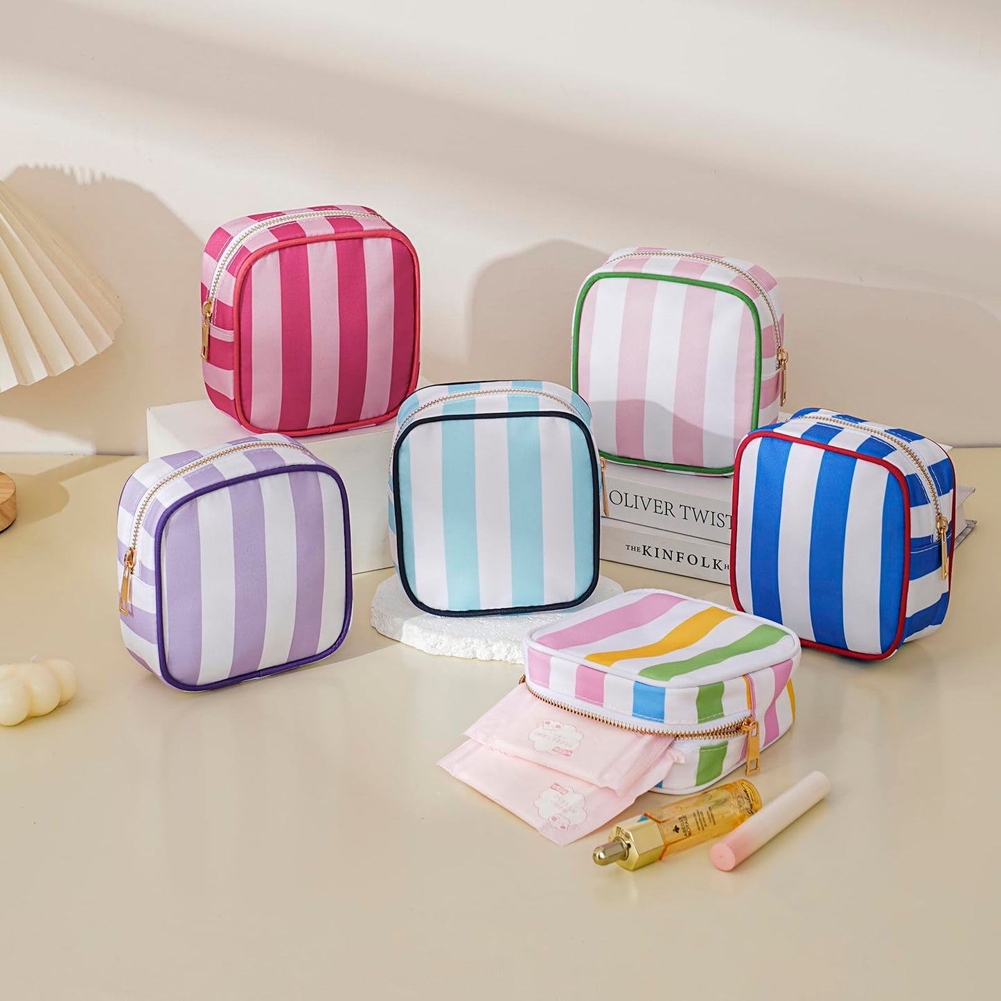 RSRSLEII Small Stripe Makeup Bag for Purse, Mini Cosmetics Bag with Zipper, Cute Cosmetic Pouch for Women Girls, Key Pocket Lipstick Pouch Card Holder Data Cable Organizer(06 Colorful Stripes)