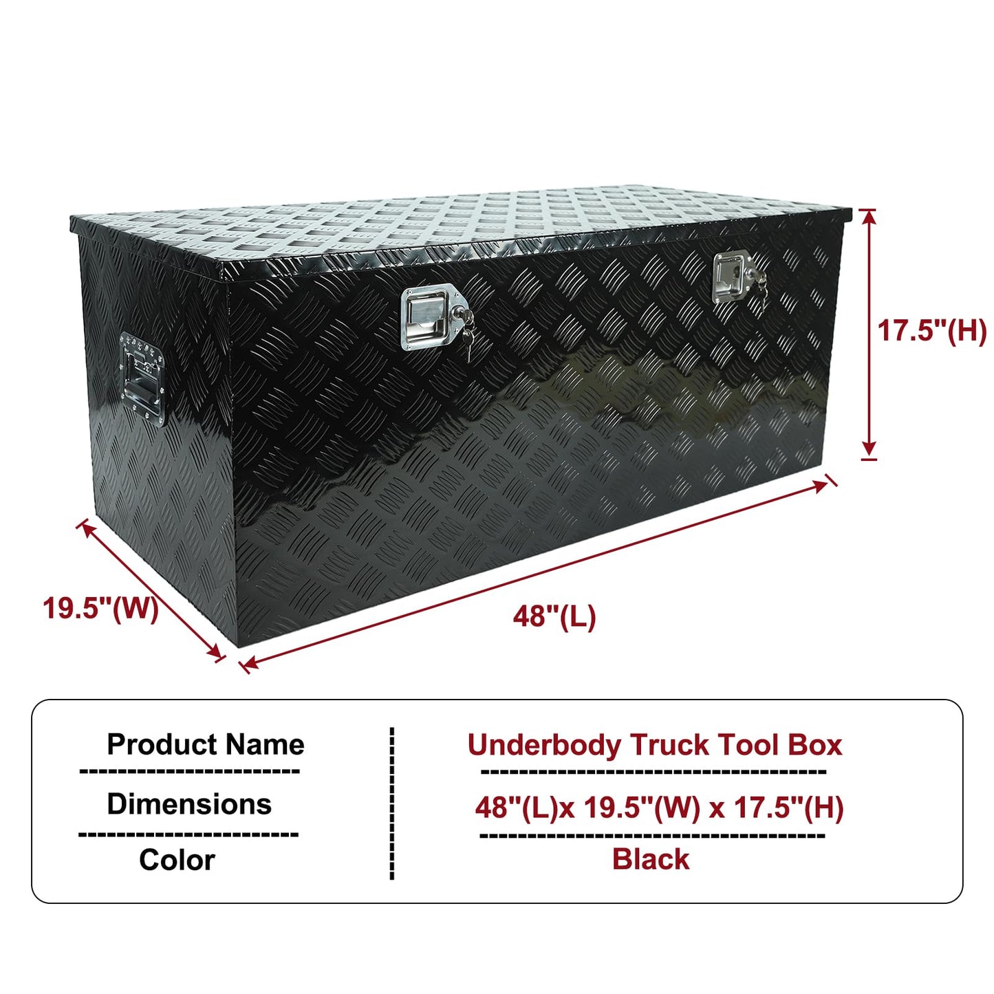 caqeg 48 Inch Heavy Duty Aluminum Stripes Plated Tool Box Pick Up Truck Bed RV Trailer Toolbox Square Storage Organizer with Side Handle, Lock and Keys, Waterproof -48"x 19.5"x 17.5", Black