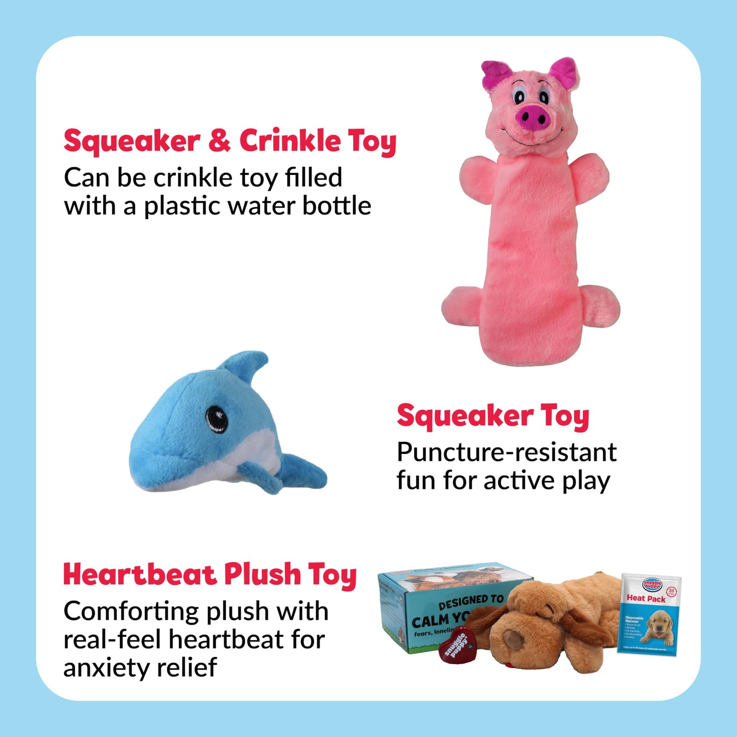 Snuggle Puppy Original, Dog Toy with Calming Heartbeat, Soothing Plush Companion Reduces Pet Anxiety, Includes Heat Pack & Batteries + 2 Tender-Tuff Dog Toys, Squeaker & Bottle Toy