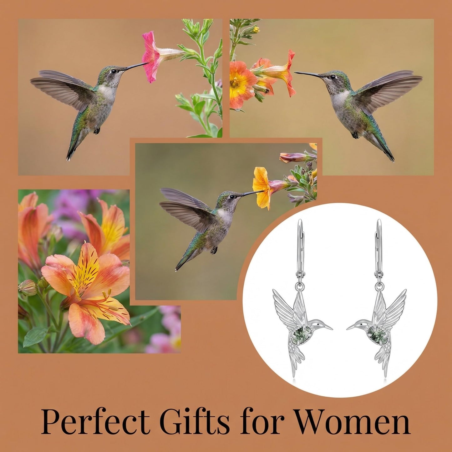 BETHZA Hummingbird Earrings 925 Sterling Silver Natural Moss Agate Hummingbirds Drop Dangle Earring Animal Jewelry Gifts for Women