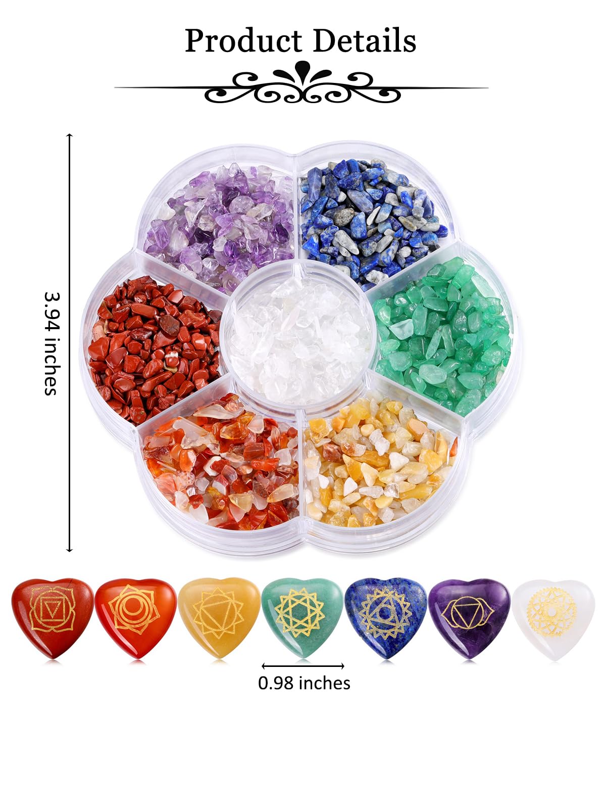 MANIFO 7 Chakra Crystal Stones Set Healing Crystals Gemstones with Heart Shape Engraved Chakra Symbol Polished Chakra Stone for Meditation Balancing Gift for Christmas