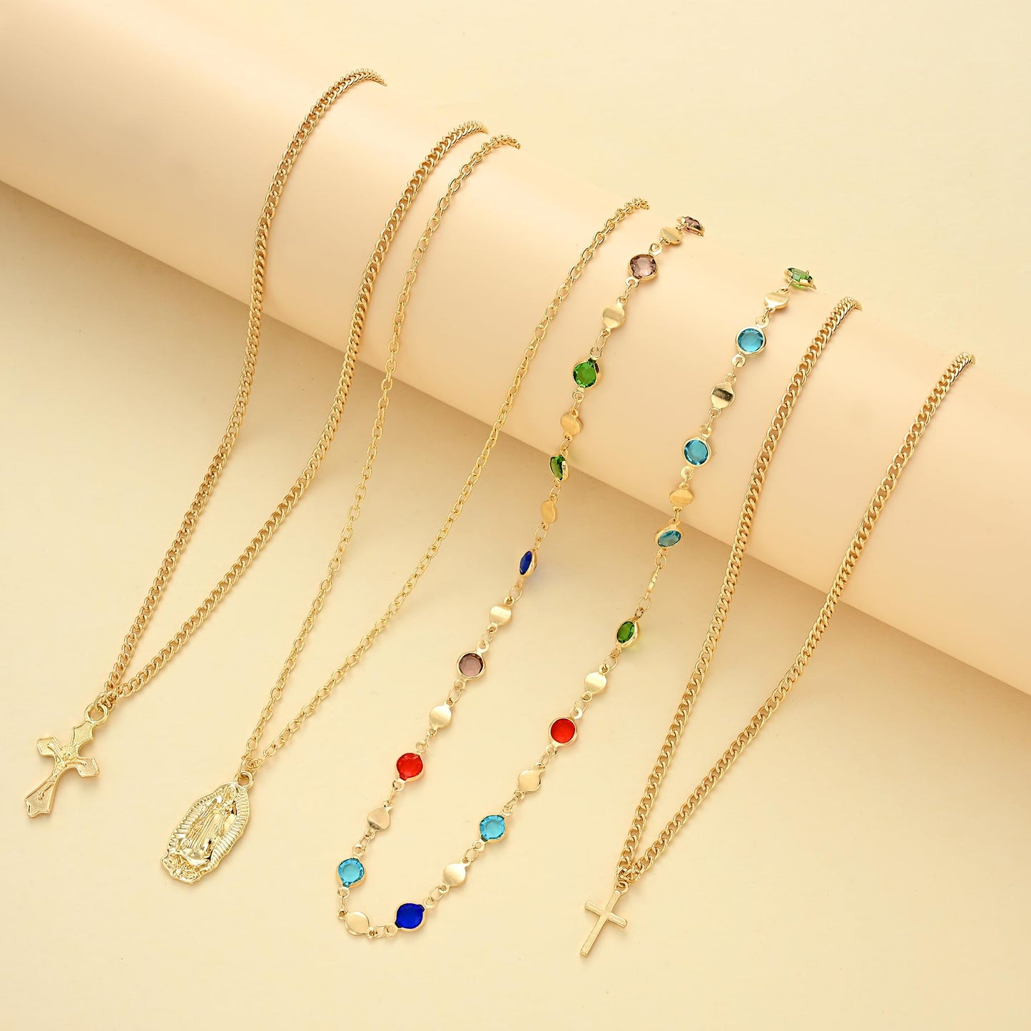 4PCS Layered Gold Cross Necklaces for Women Trendy, Bohemian Bead Pearl Y Long Pendant Necklace Set, Vintage Rosary Necklace Stack Adjustable Length