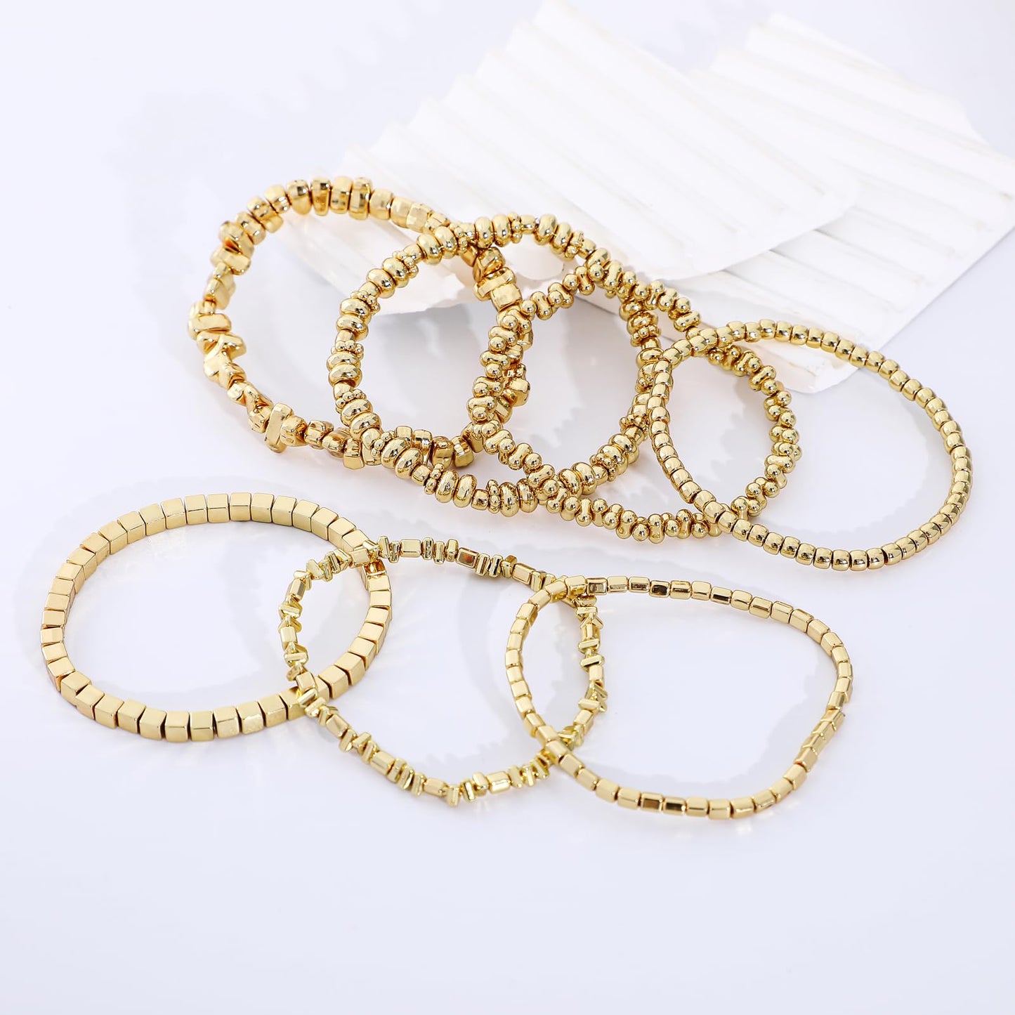 Sajidos Gold Plated Beaded Bracelets for Women Trendy, 14K Gold Plated Stack Cross Pearl Gold Plated Bead Stretch Bracelets Set Elastic Hypoallergenic Bracelets Jewelry Gifts