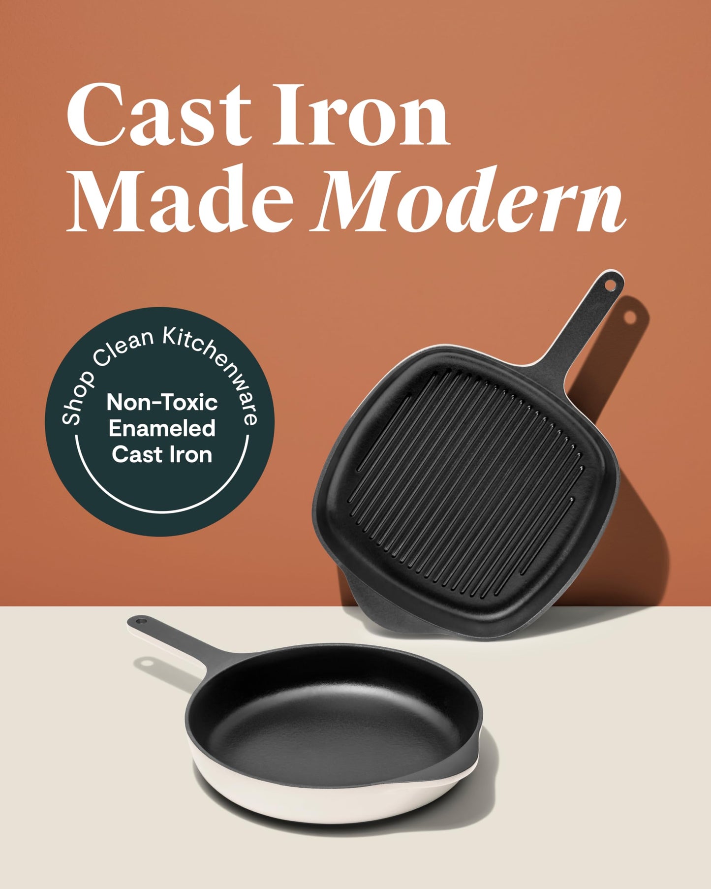 Caraway 10.5” Cast Iron Skillet & Grill Pan Duo – Enameled Cookware Set with Non-Toxic 3-Layer Enamel Coating – No Seasoning Required – Compatible with All Stovetops – Gray