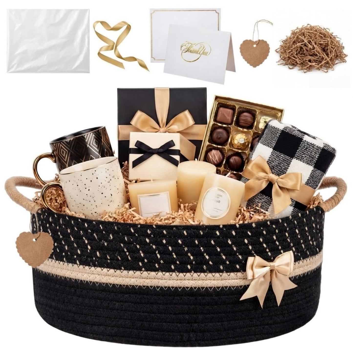 Colingmill Graduation Empty Gift Basket 14 * 10 * 5.5 in Basket with Gift Bag Ribbon and Paper Filler Thank You Card Tag for Graduation Nursery Living Room Shelves Birthday(Black,Jumper Wire)