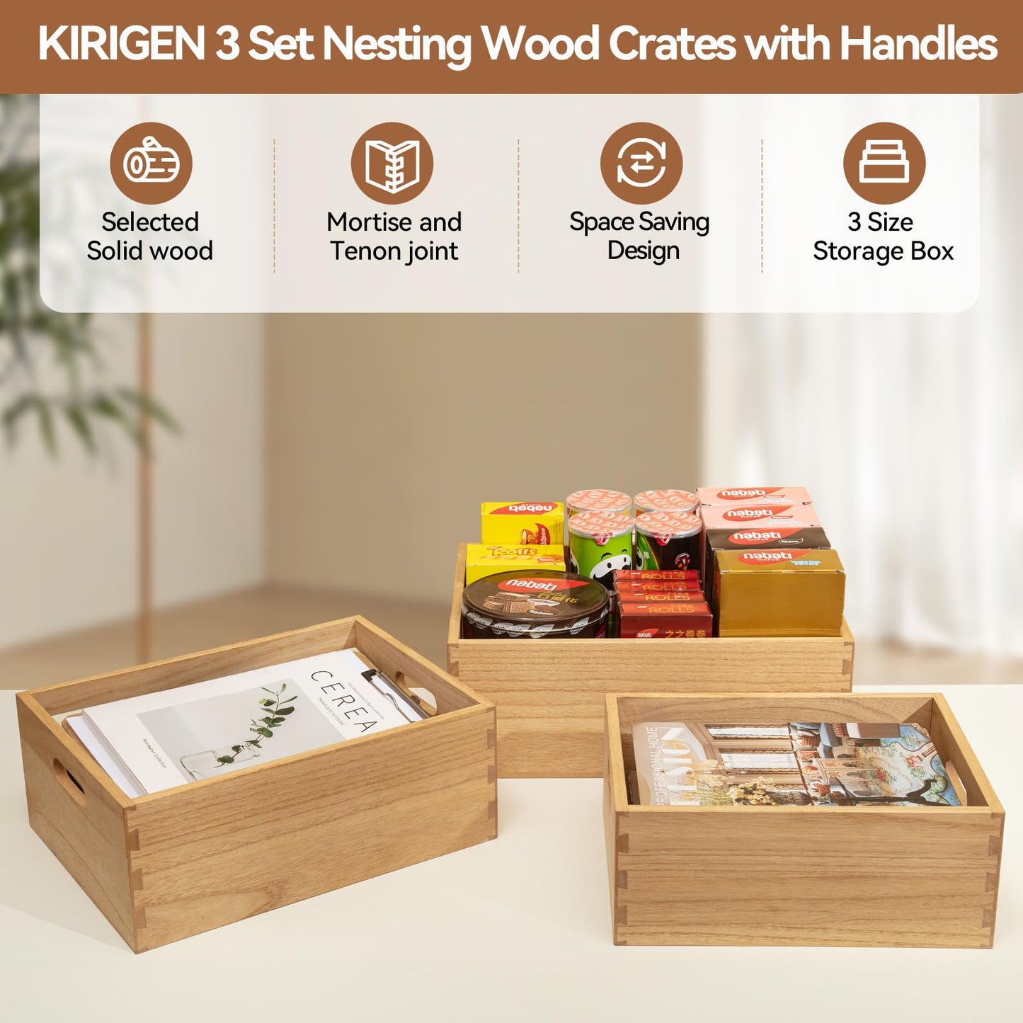 KIRIGEN Nesting Wood Crates with Handles, Set of 3 Decorative Storage Boxes, Farmhouse Shelf Bins for Pantry, Bathroom, Craft Room, Toys, Towels, Books, 15.75 x 11.8 x 5.9 in, Natural 3TH-NA