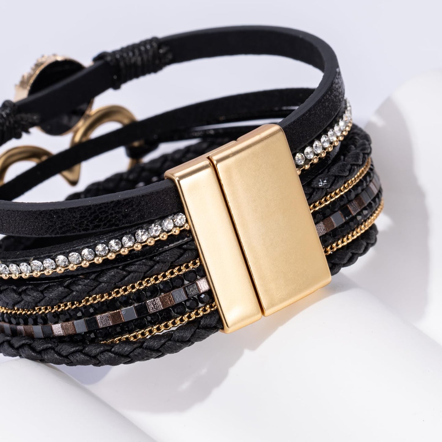 Becklynn Boho Leather Wrap Bracelets Beaded Crystal Stackable Cuff Bracelet with Magnetic Clasp Cowboy Cowgirl County Concert Outfits Western Jewelry Gifts for Women(Heart Black)