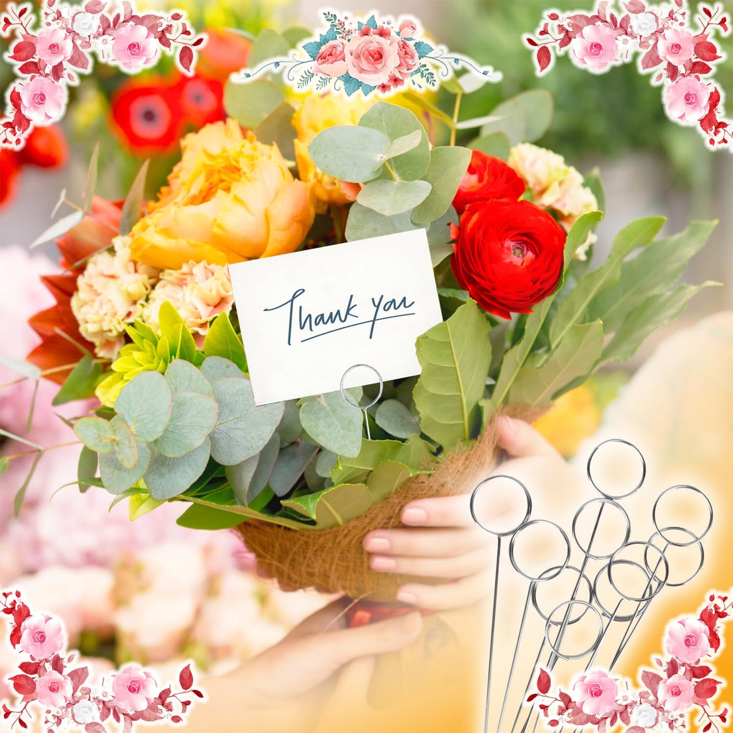 60 Pcs Metal Wire Floral Picks 13 Inch Wire Place Card Holder, Metal Table Name Number Clips Picture Stand, Round Photo Memo Flower Card Holder for Wedding Party Birthday Cake (Silver Round)