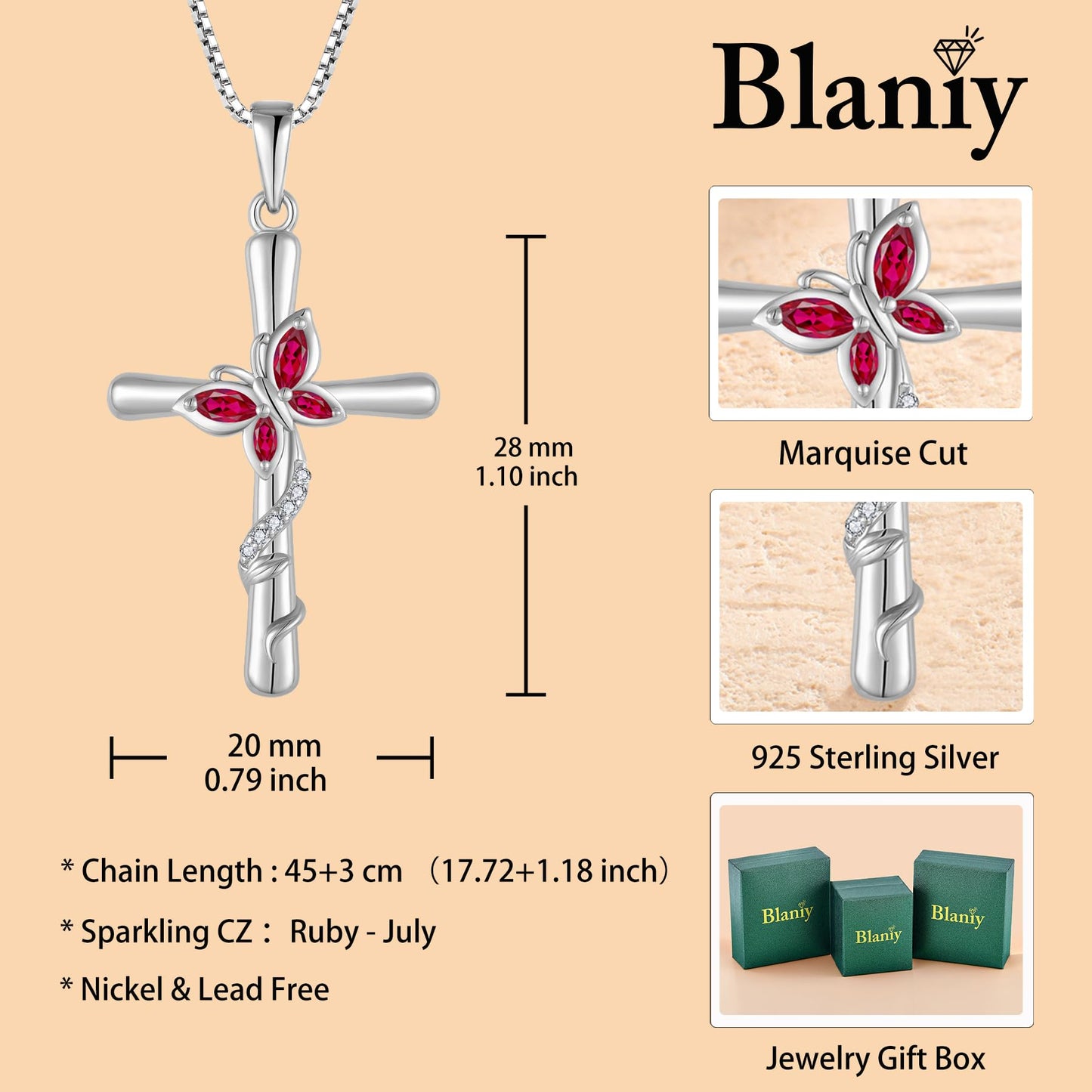 Blaniy Cross Necklace for Women 925 Sterling Silver Butterfly Necklace Ruby Pendant Necklaces July Birthstone Jewelry Gifts for Women
