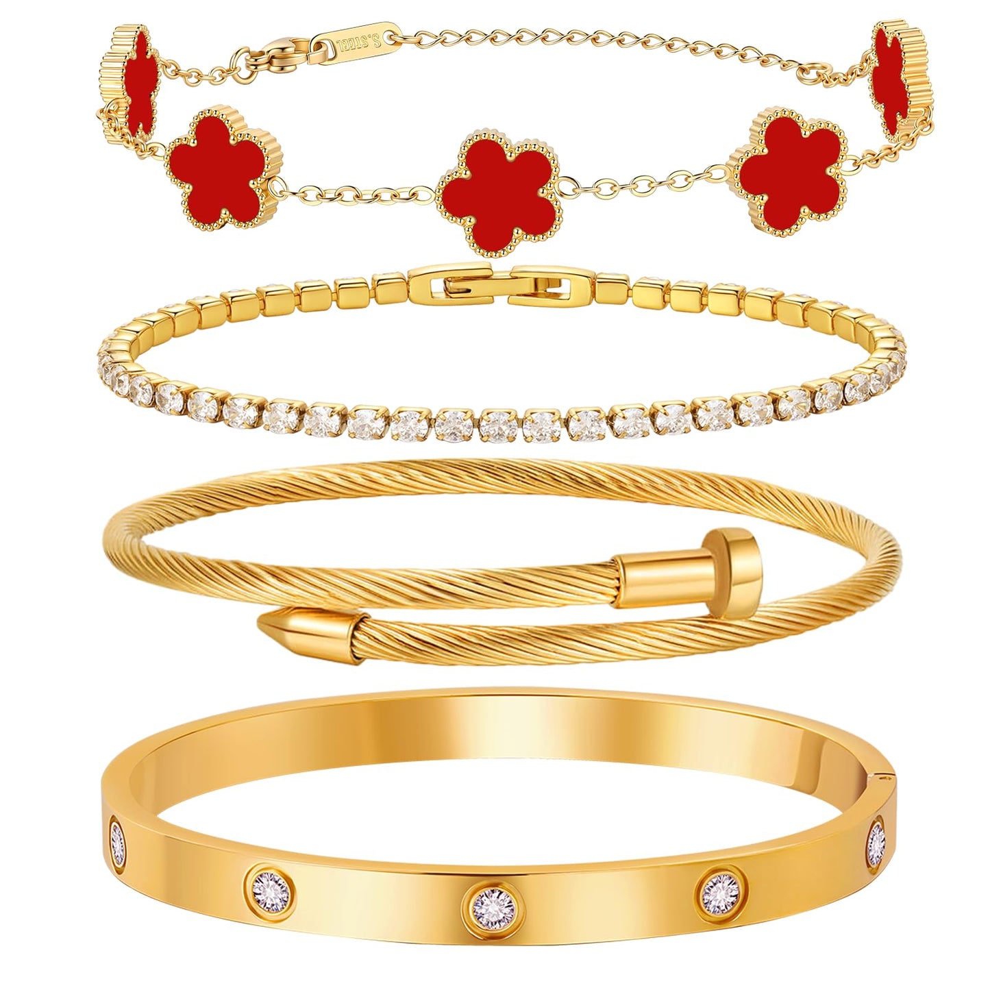 MVCOLEDY 18 K Gold Plated Love Bracelet Stack for Women 4-Piece Bracelet with Synthetic Shell Floral Clover Chain, Tennis Chain and Crystal Gold Bangle, Love Bracelet Design Gift Jewelry for Valentines Mother's Day (Red)