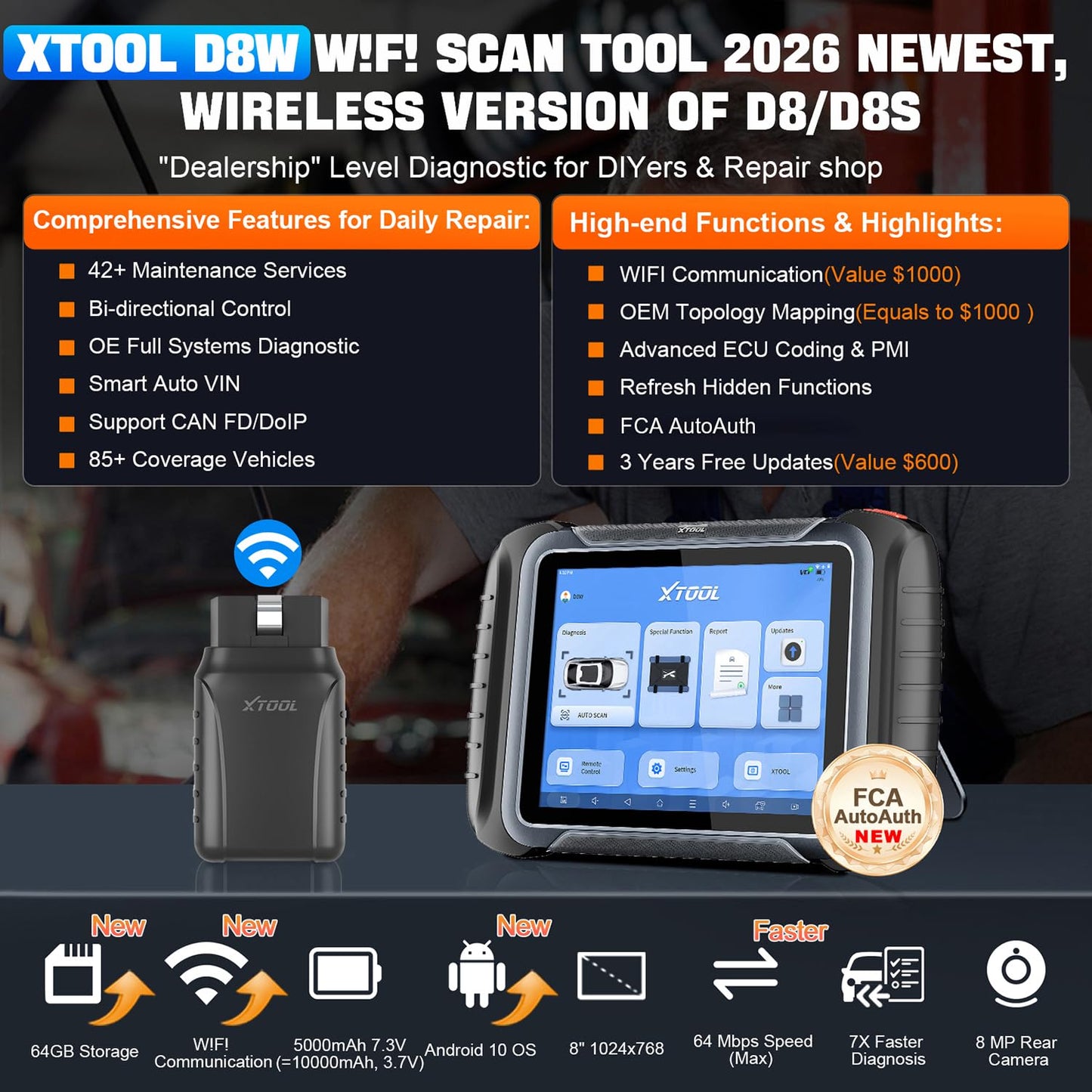 XTOOL D8W Wireless Bidirectional Scan Tool, AI-Assisted OBD2 Scanner with Topology, 3-Year Updates, ECU C0ding, PMI, 42+ Resets, Full Diagnostic Scanner for Car, Crankshaft Relearn, FCA/CAN FD/DoIP