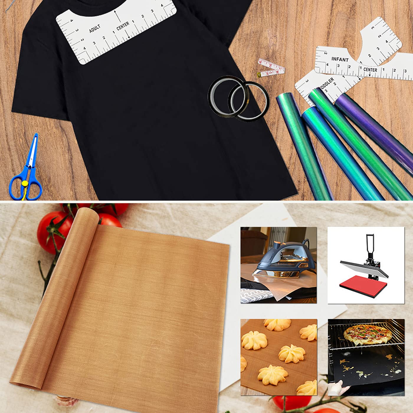 T-Shirt Alignment Ruler Heat Resistant Tape 10mm X 33m 108ft, PTFE Teflon Transfer Sheet 16 x 20-4 Rulers, 2 Rolls Heat Resistant Tape, 3 Packs PTFE Teflon Sheet and 1 Tape Measure Included