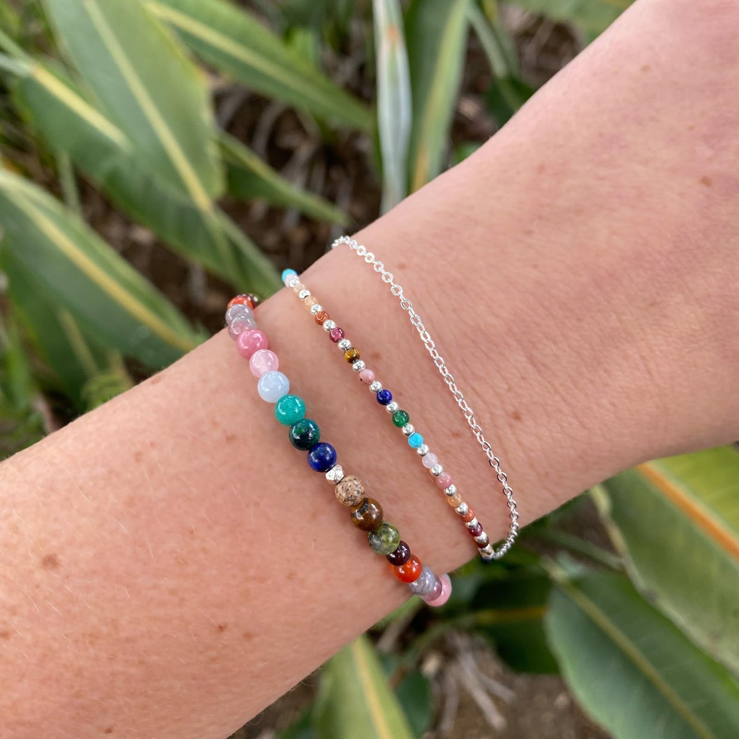 Lotus and Luna 2MM Master Healer Energy Chakra Healing Dainty Layered Bracelet with Real Stones Jade, Pearl, Rose Quartz, Amethyst, Moonstone (Master Healer Silver)