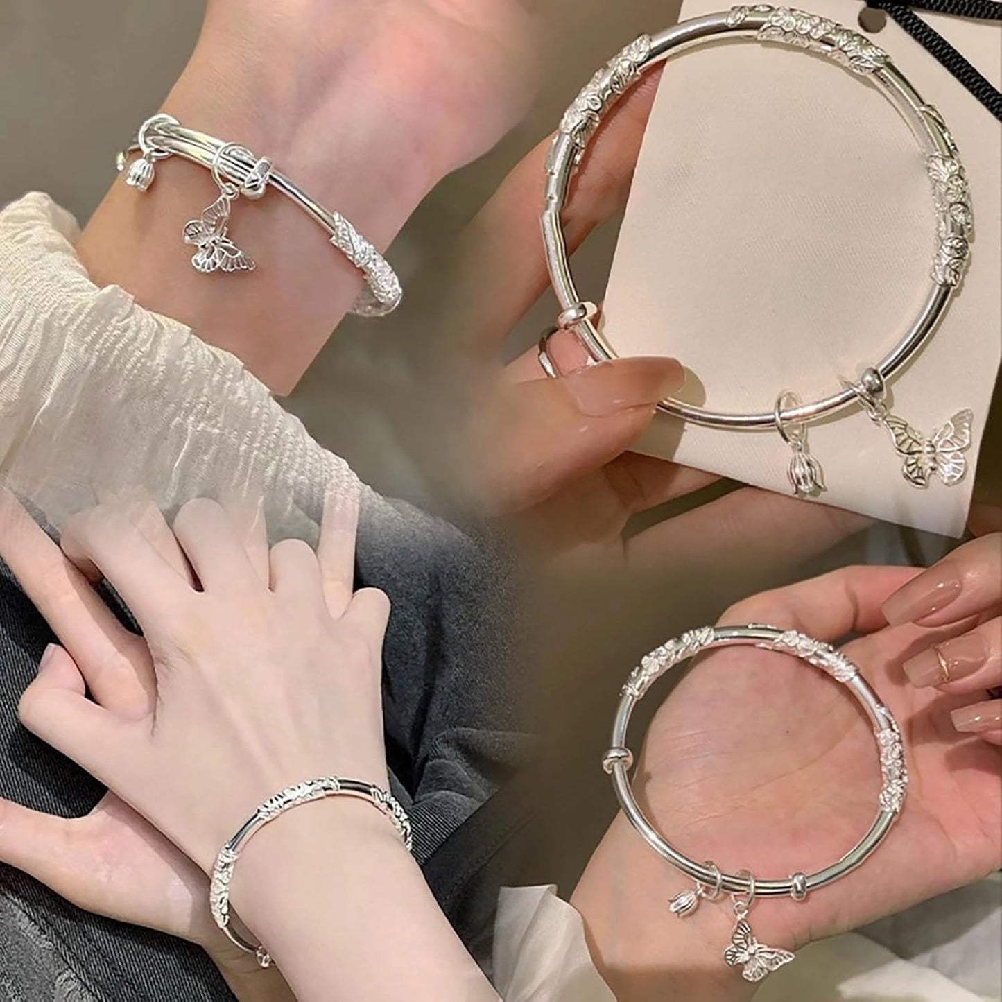 XBKOJBA Fashion Adjustable Silver-plated Bracelets for Women 2026 Simple Bangle Jewelry Bangles With Floral Butterfly Bell Decoration for Valentine Mothers Day Gift