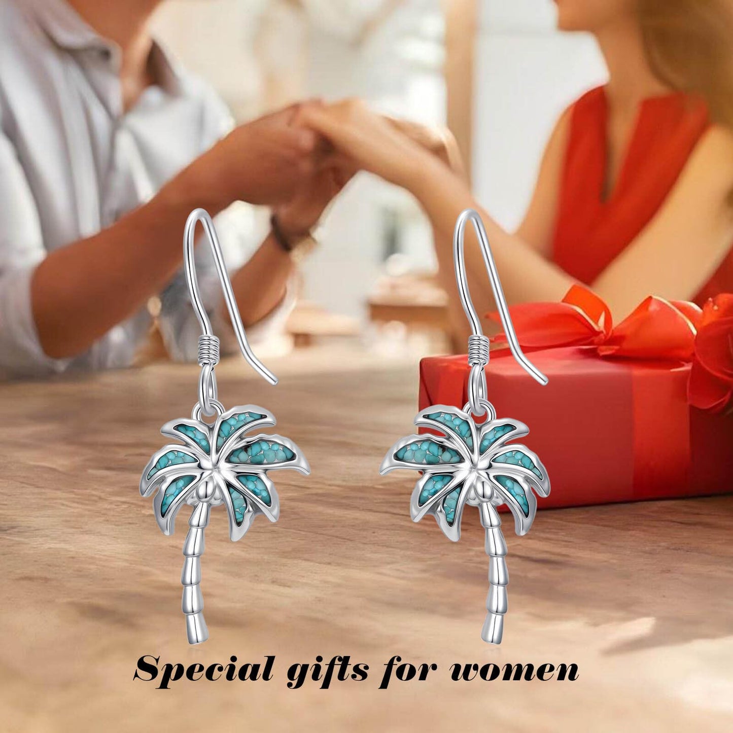 HPQQ Palm tree Earrings 925 Sterling Silver Turquoise Palm tree Dangle Earrings Ocean Beach Themed Jewelry Mother's Day Jewelry Gifts for Women