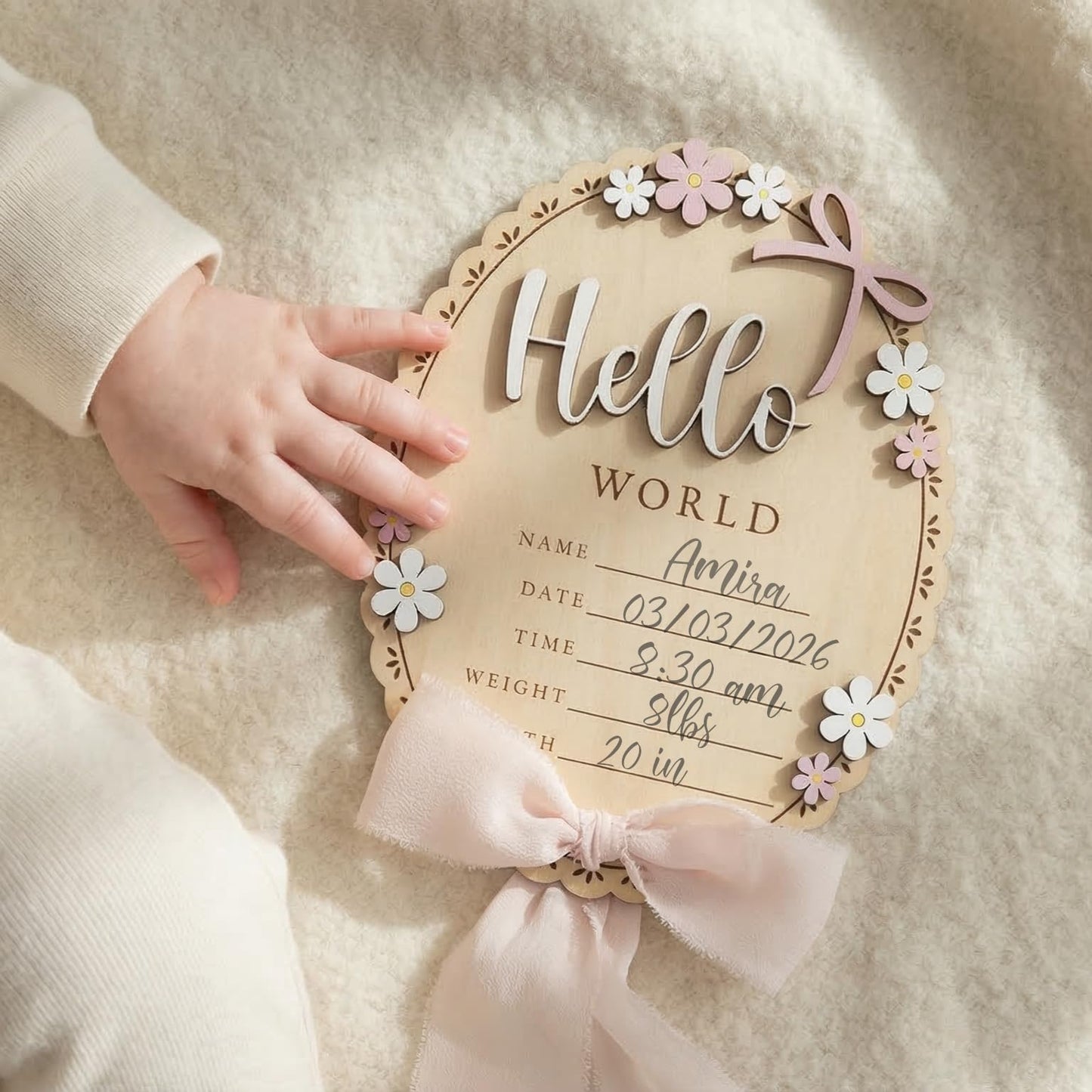 TTMerriwood Baby Announcement Sign with Stand & Marker β Hello World Wooden Name Plaque for Newborn Photoshoot, Baby Shower, Rustic Keepsake Birth Stat Sign for Hospital Birth Announcement (Light pink ribbon)