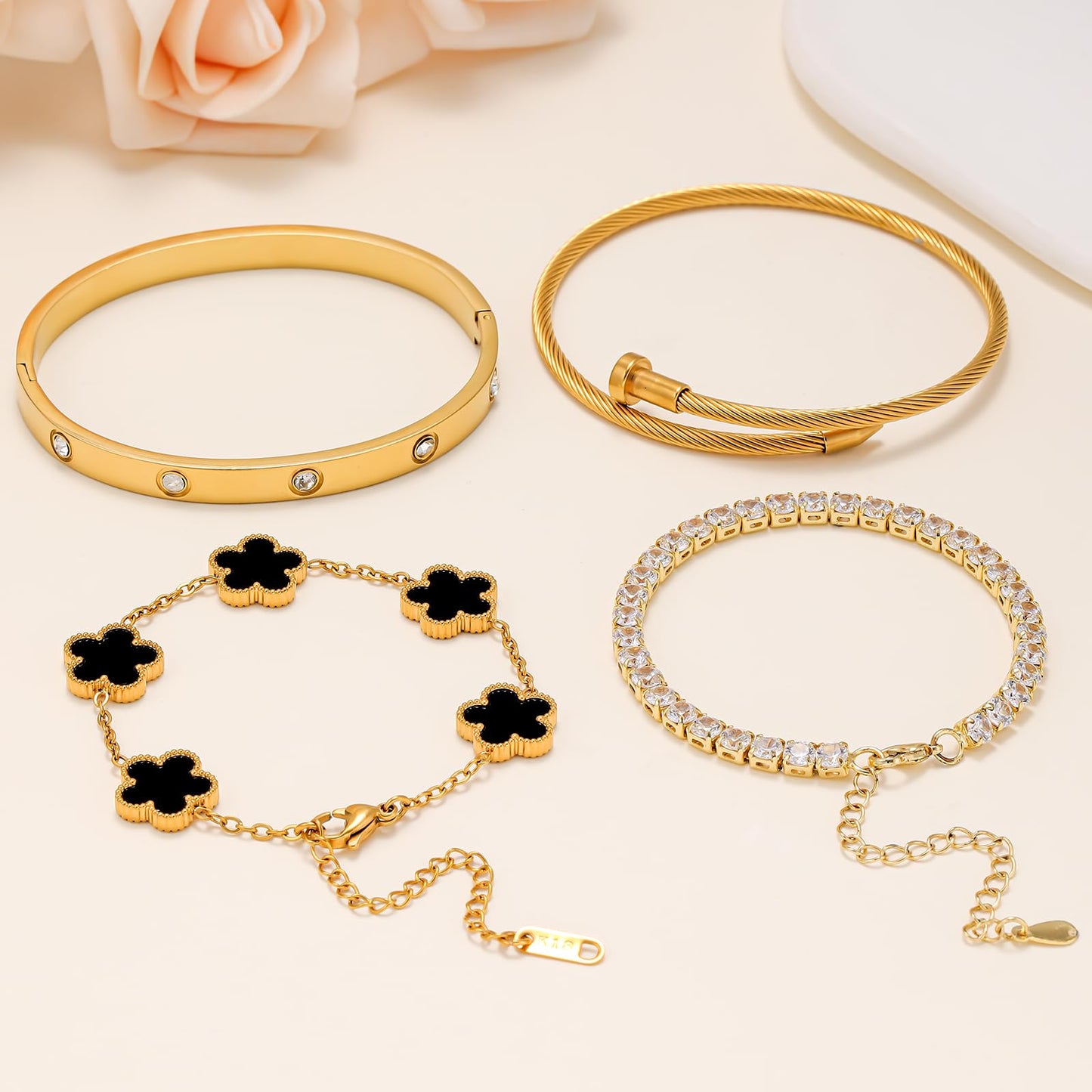 Gold Bracelets for Women, 18K Gold Plated Women Tennis Bracelets Clover Nail Love Bangle Bracelet Set, Gold Bracelet Stackable Set Trendy Jewelry, Gifts for Women's Day and Mother's Day (03-Color-black)