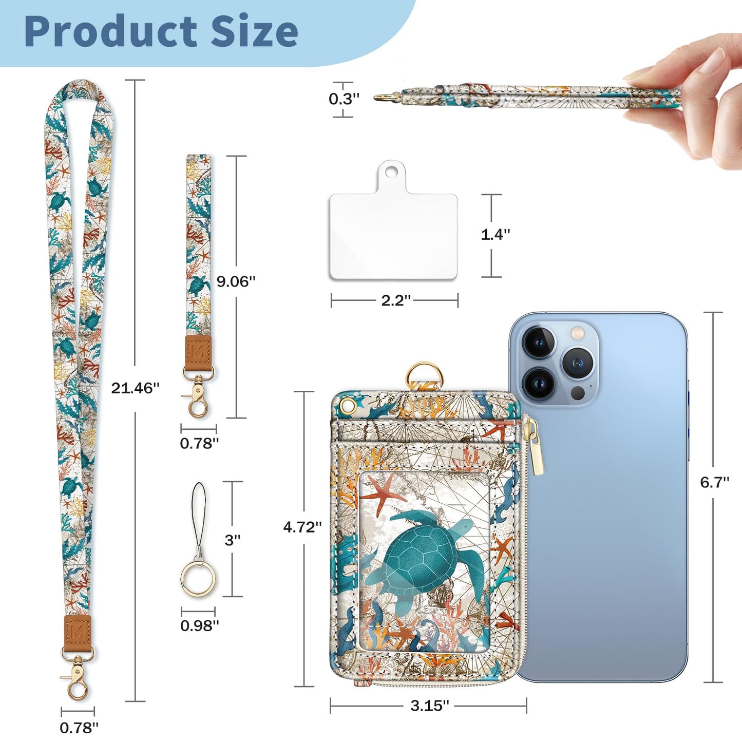 Mavellin Lanyard Wallet with Id Badge Holder, Sea Turtle RFID Small Keychain Wallet Women Wristlet, Cute Zipper Credit Card Holder Phone Wrist Neck Strap for Key Name Tag, Teacher Student Office Gifts
