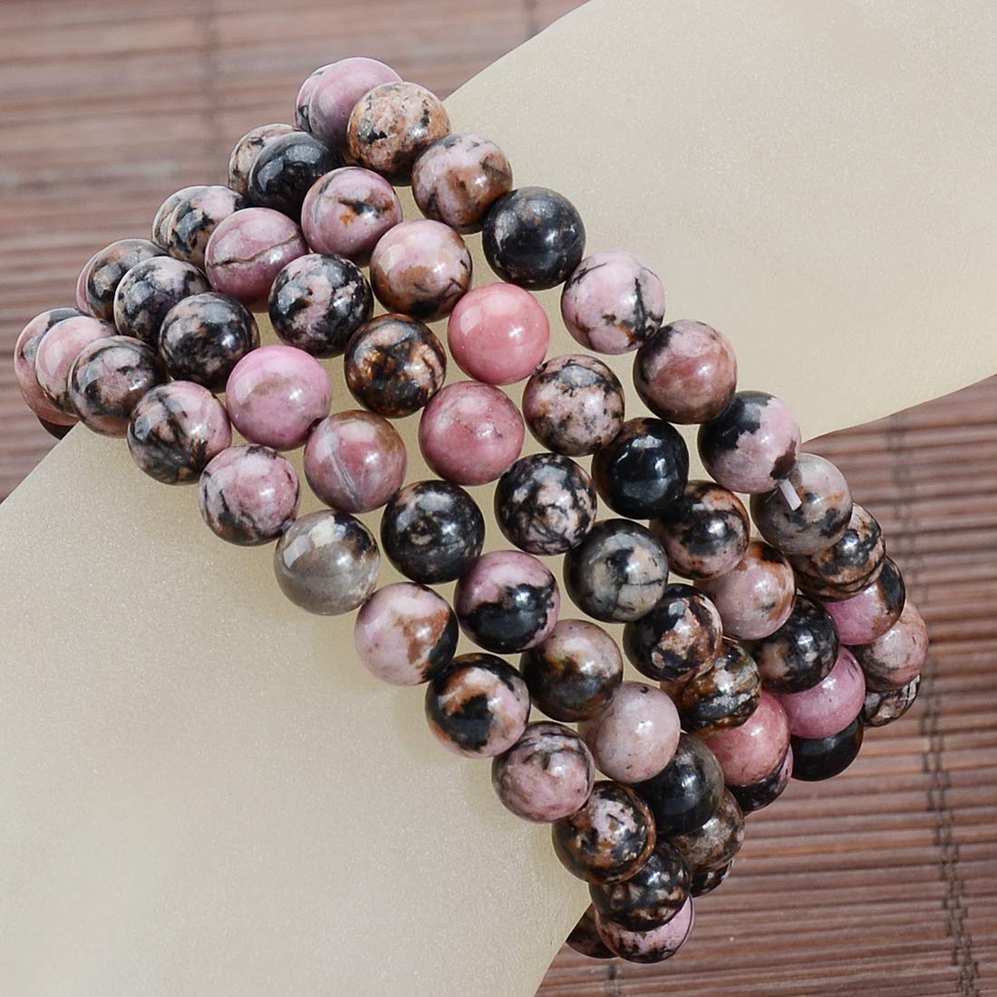 MASSIVE BEADS Pink Black Rhodonite - Stone of Fortune - Handmade Yoga Stretch Elastic Bracelet Natural Stone Crystal Healing Power Energy Gifts for Unisex Adult 8mm