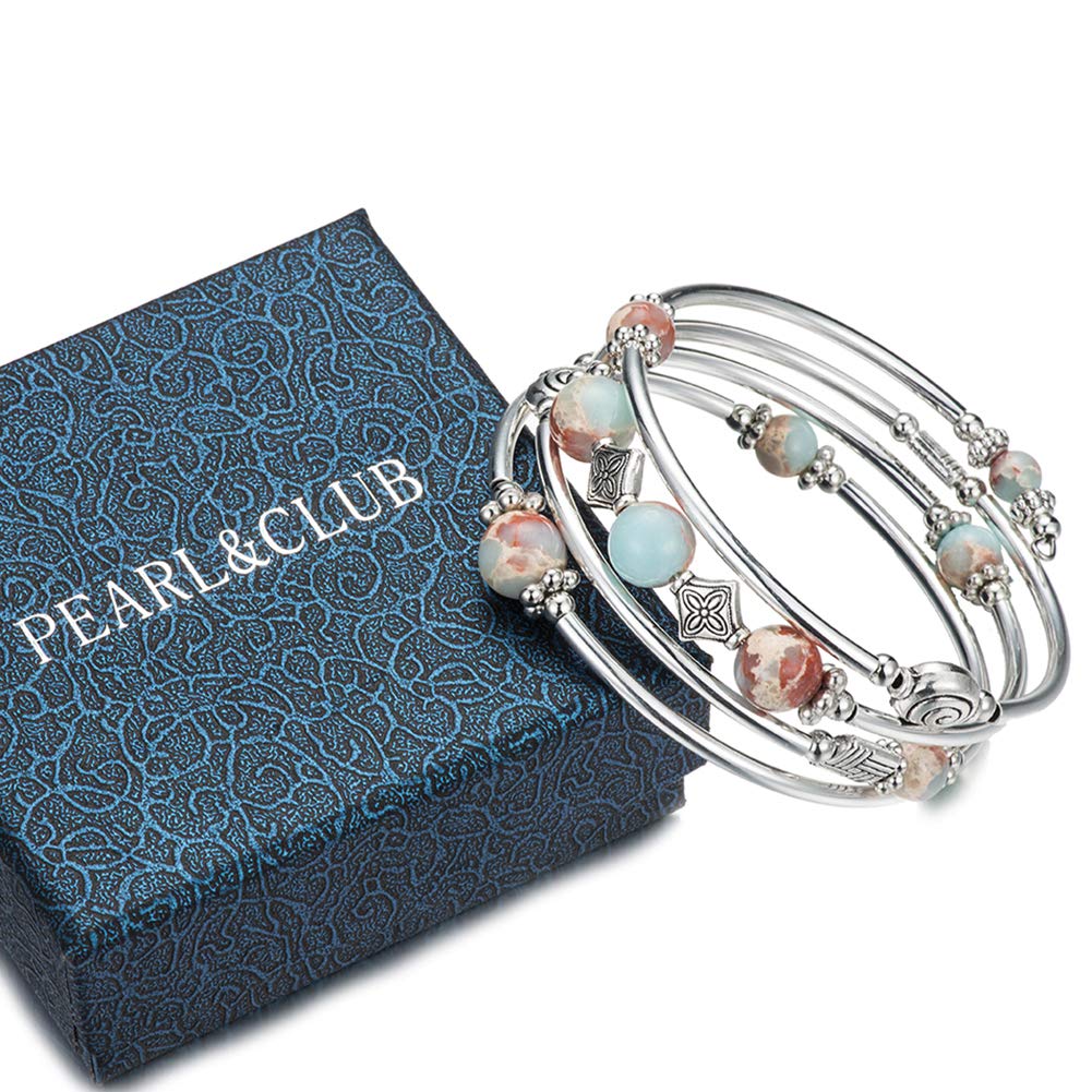 Beaded Pearl Bangle Wrap Bracelet - Fashion Bohemian Jewelry Multilayer Charm Bracelet with Thick Silver Metal Beads, Gift For Women(King Green)