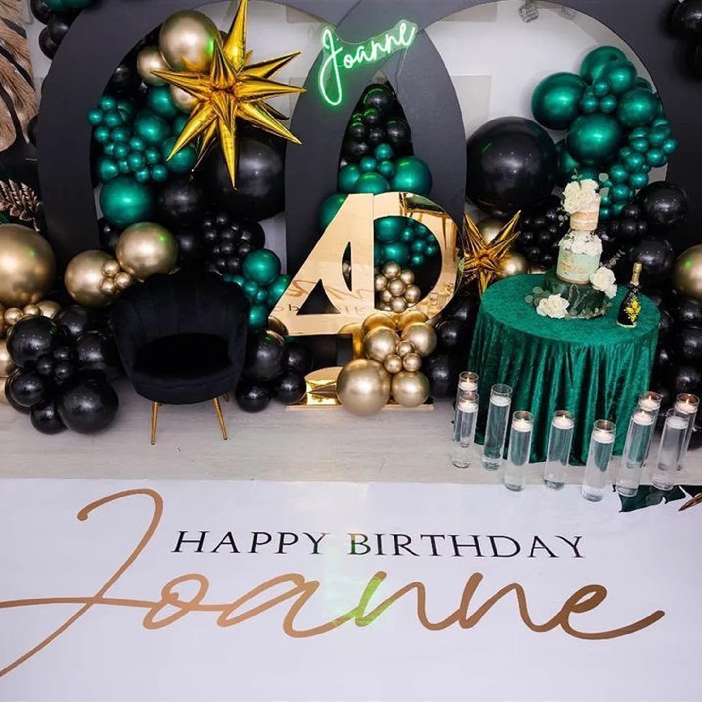Dark Green and Black Balloon Arch Kit with Explosion Star Balloons, 123pcs Emerald Green and Confetti Gold Balloon Garland for Birthday Anniversary Bachelorette Grad Father's Day Party Decorations