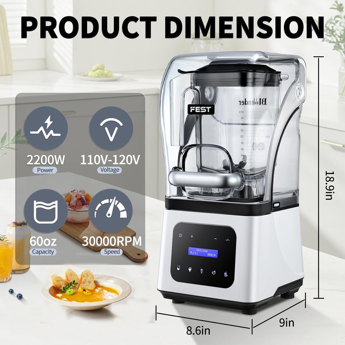 Commercial Blender 2200W Heavy Duty Countertop Blender, Quiet Shield Sound Enclosure, 6-Blade System, DIY Timer & 9-Speed, 5 Preset Programs,Smoothies, Juices, Shakes & Frozen Drinks, 60oz Pitcher
