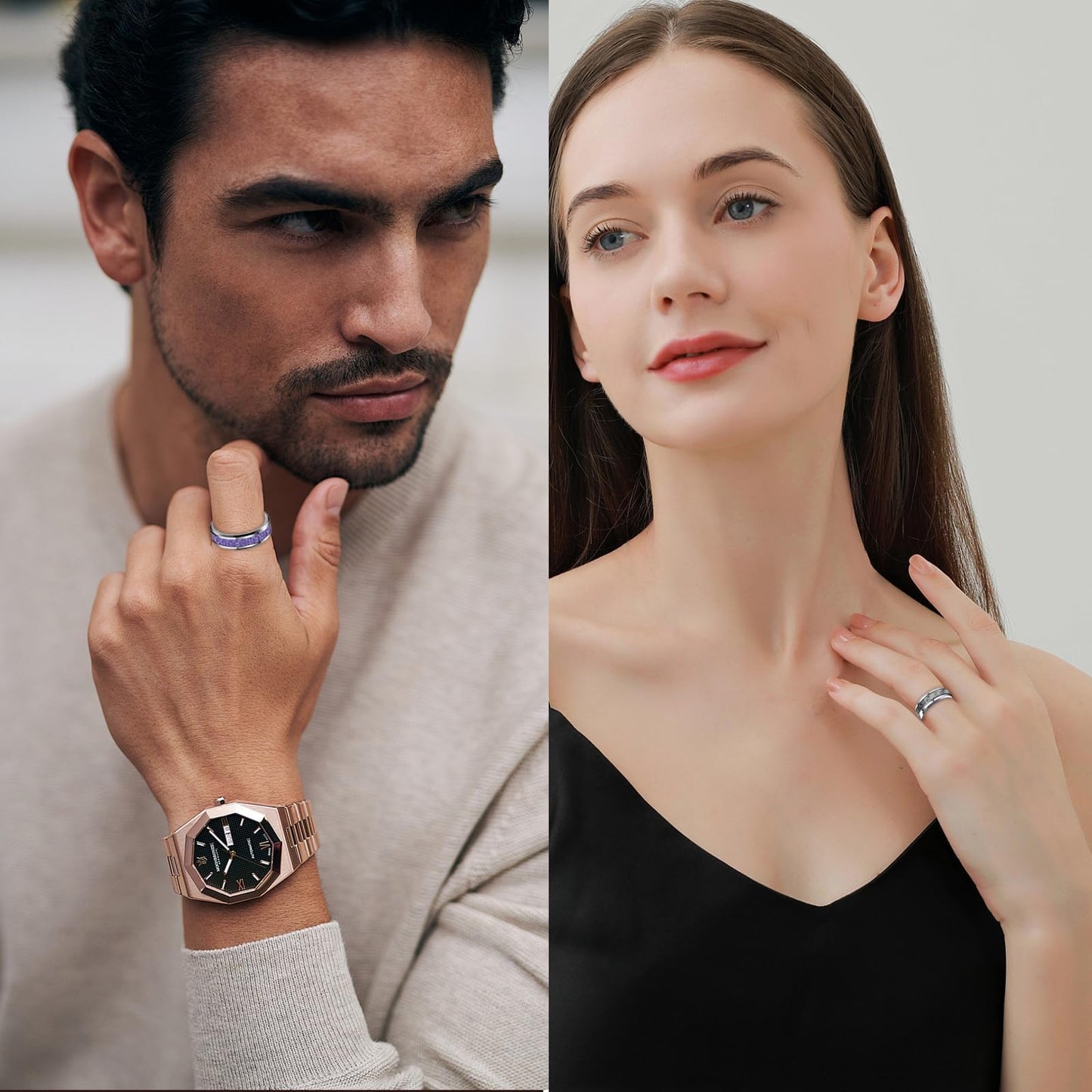 HJIMMNHONG New Carbon Fiber Fashion Rings Double Beveled Edge Delicate Polished Simple Stainless Steel Mens and Women Rings,8mm,Purple,Size 9